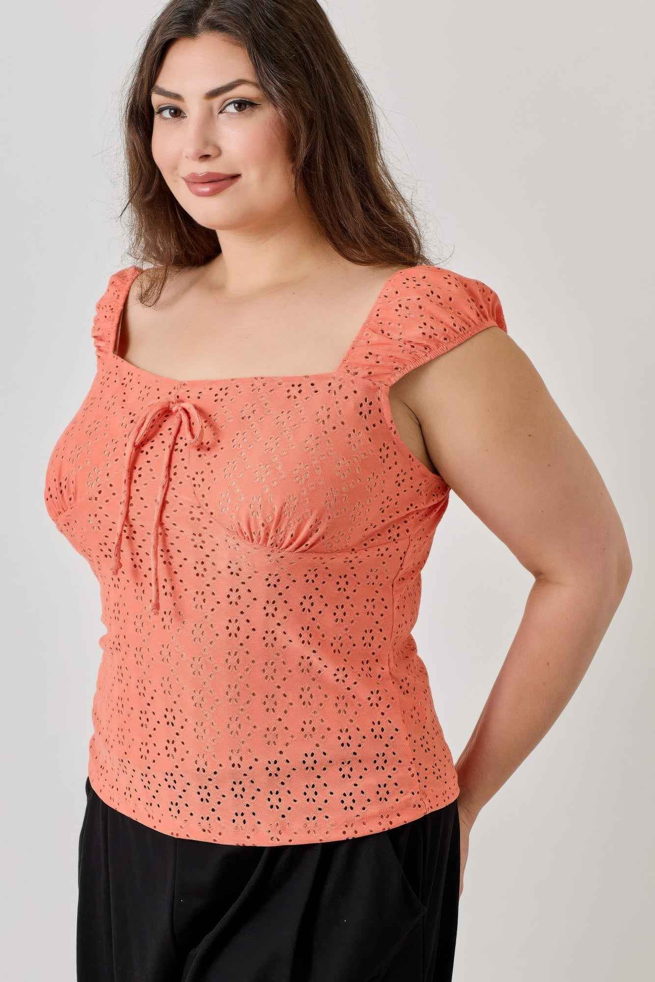 Plus Size Knit Eyelet Cap Sleeve Top - Mr Lou’s Place