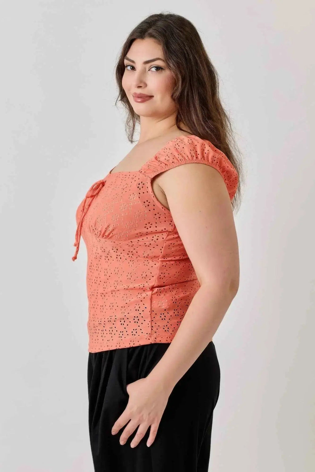 Plus Size Knit Eyelet Cap Sleeve Top - Mr Lou’s Place