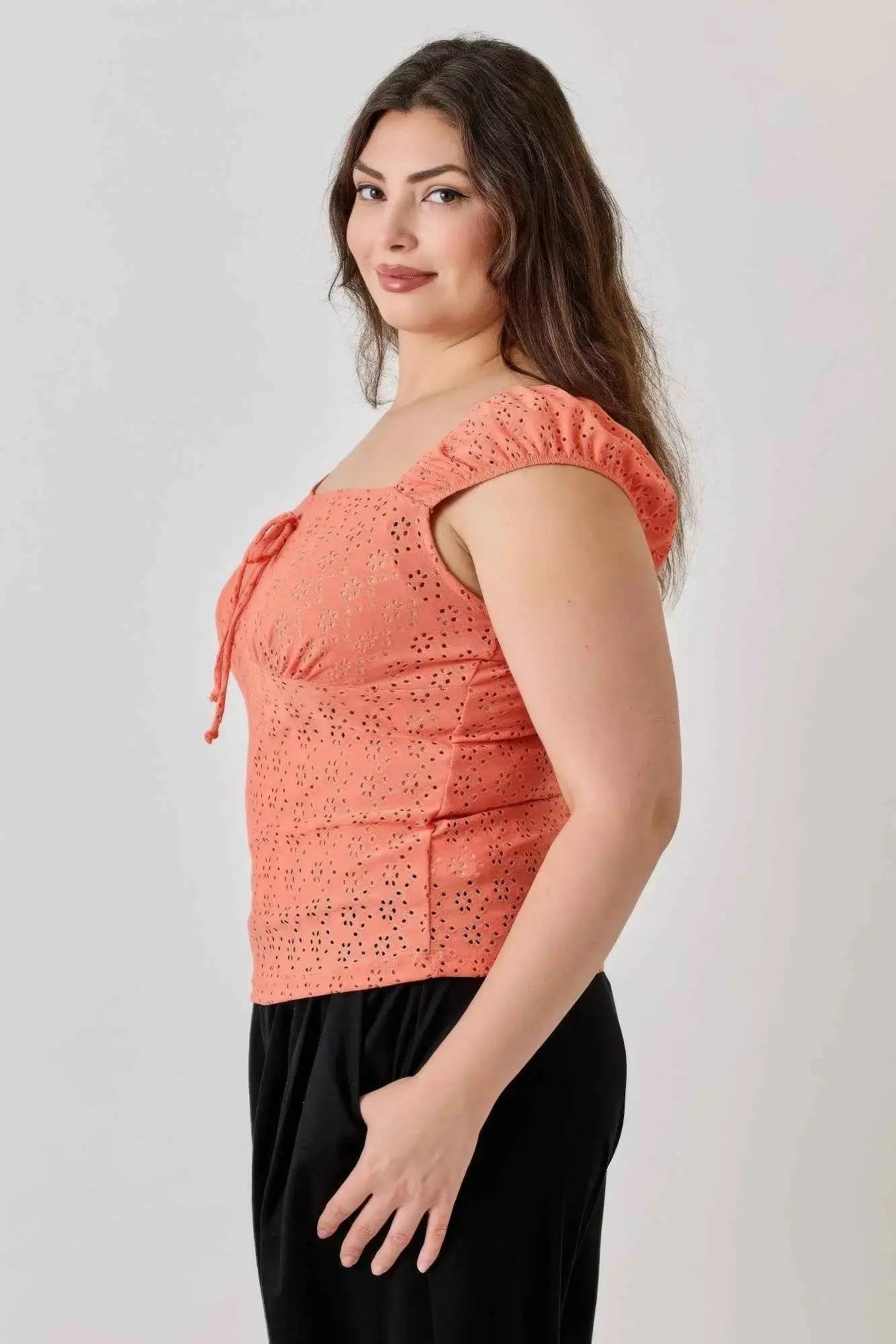 Plus Size Knit Eyelet Cap Sleeve Top - Mr Lou’s Place