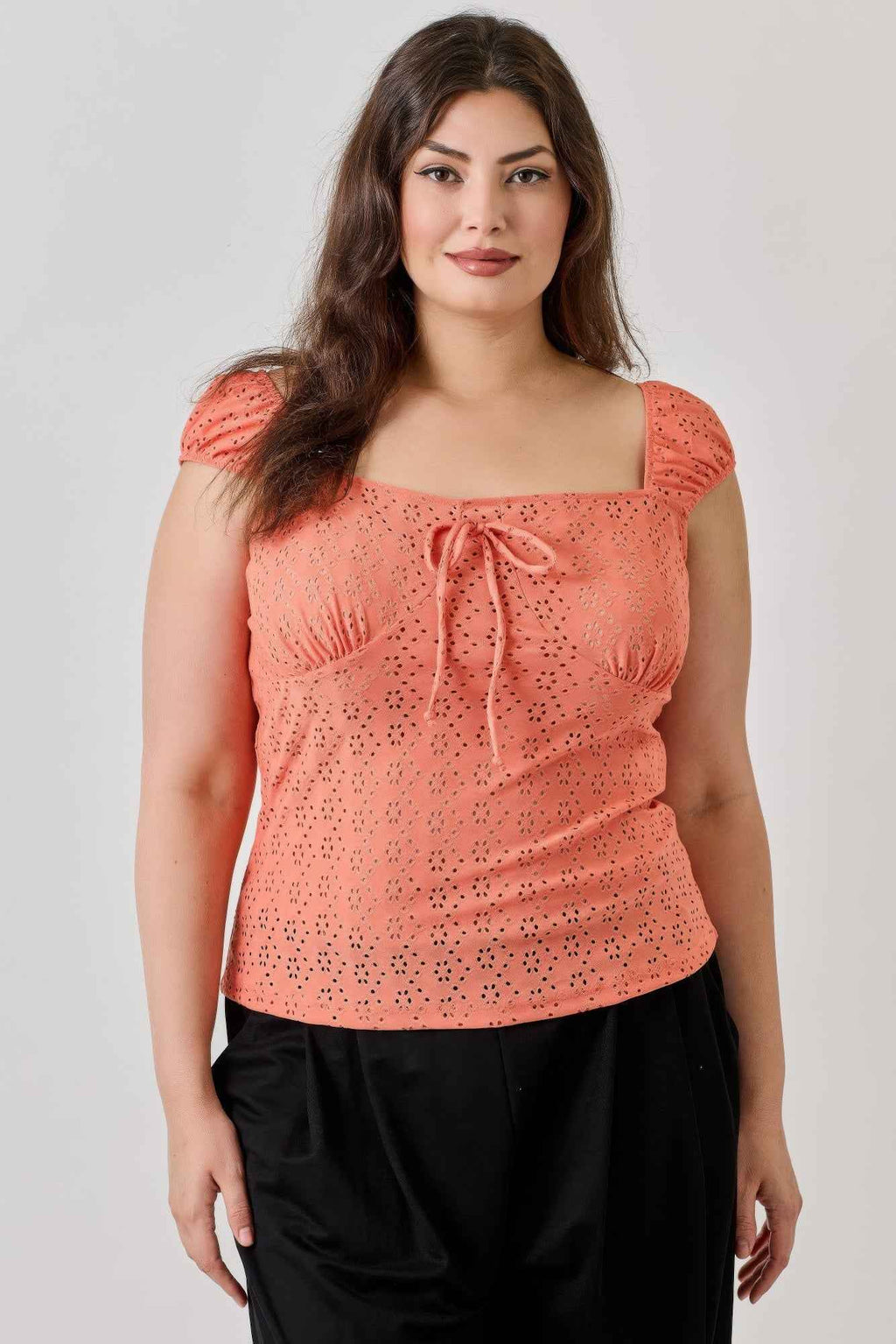 Plus Size Knit Eyelet Cap Sleeve Top - Mr Lou’s Place