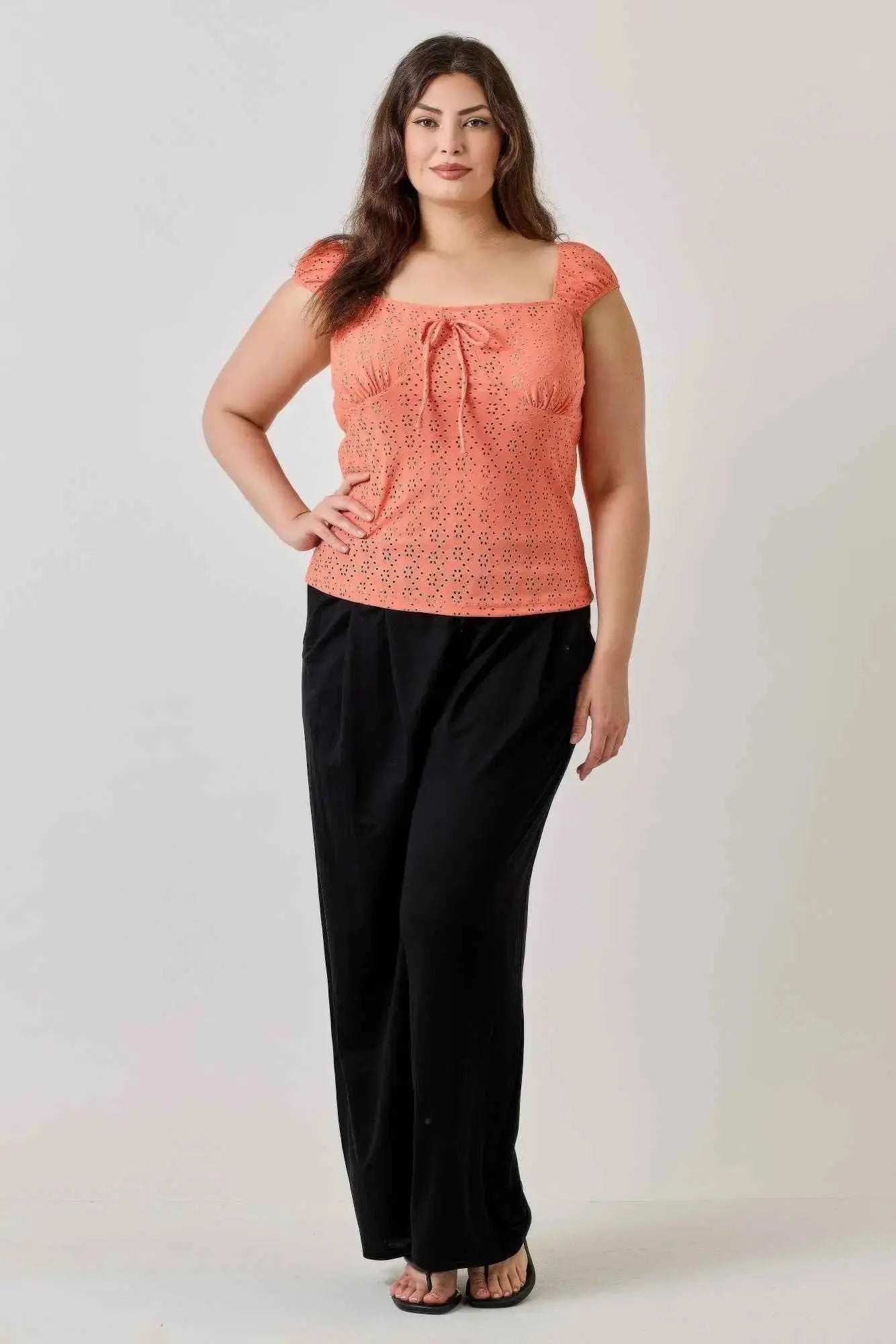 Plus Size Knit Eyelet Cap Sleeve Top - Mr Lou’s Place