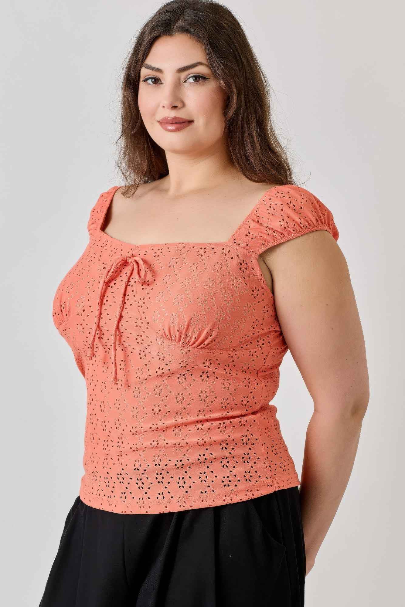 Plus Size Knit Eyelet Cap Sleeve Top - Mr Lou’s Place