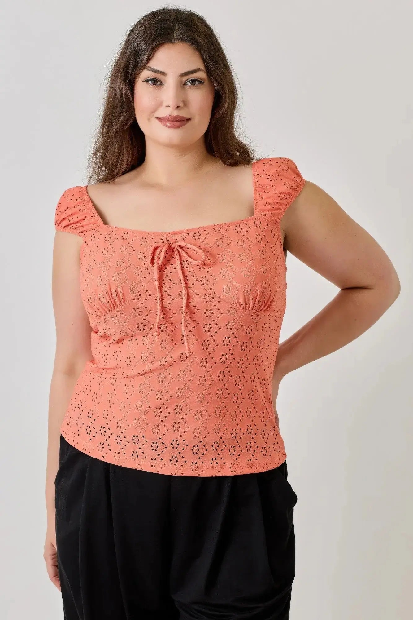 Plus Size Knit Eyelet Cap Sleeve Top - Mr Lou’s Place