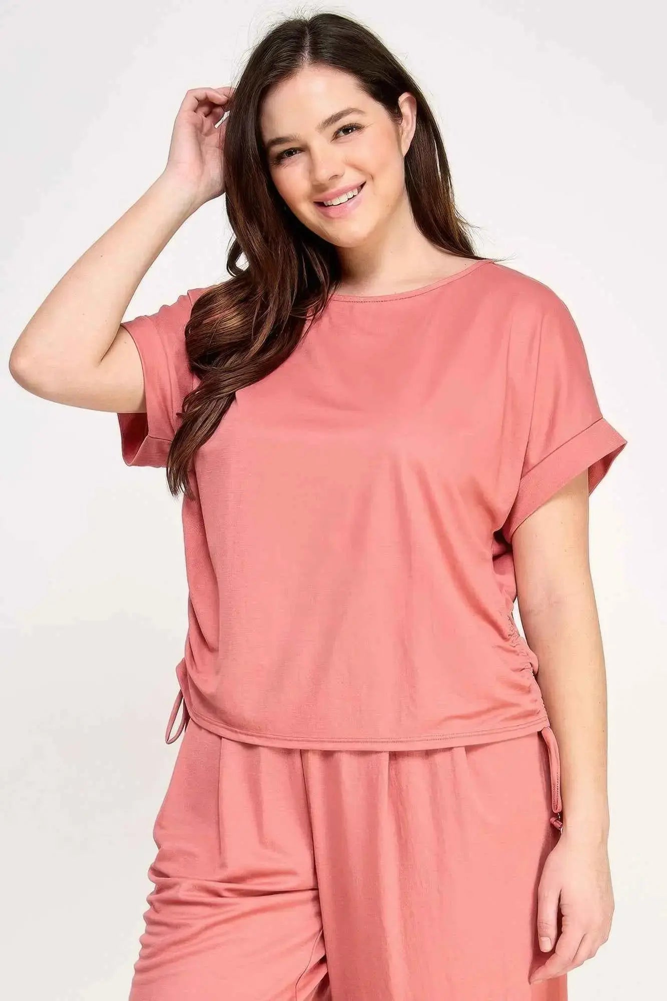 Plus Size Knit Linen Dolman Ruched Top - Mr Lou’s Place