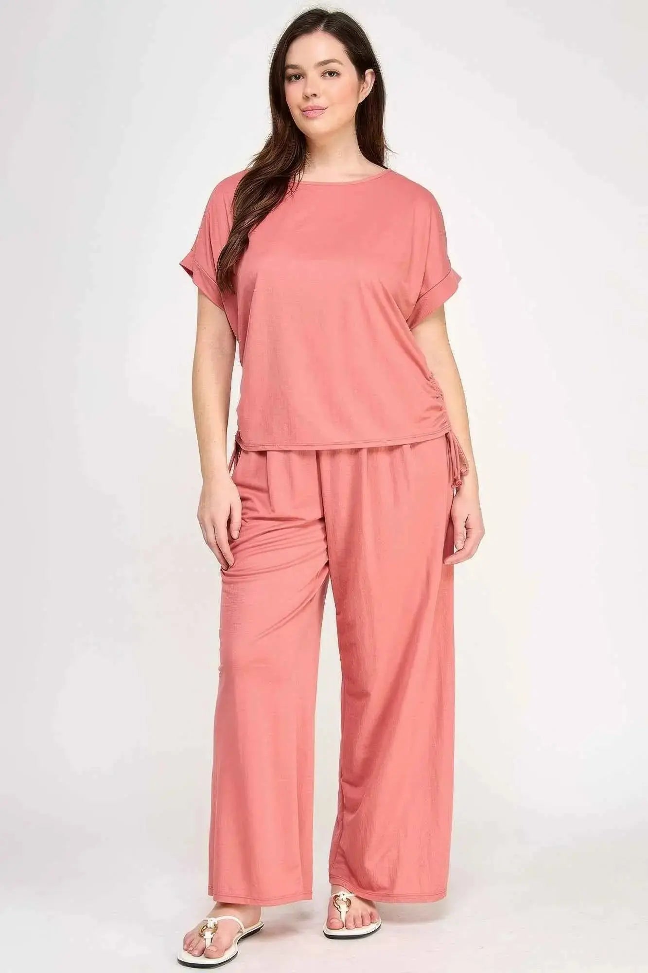 Plus Size Knit Linen Dolman Ruched Top - Mr Lou’s Place