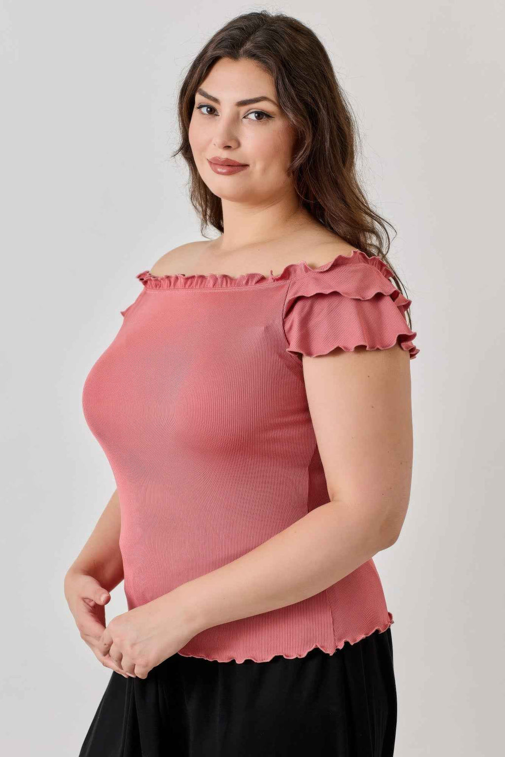 Plus Size Knit Rib Double Ruffle Top - Mr Lou’s Place