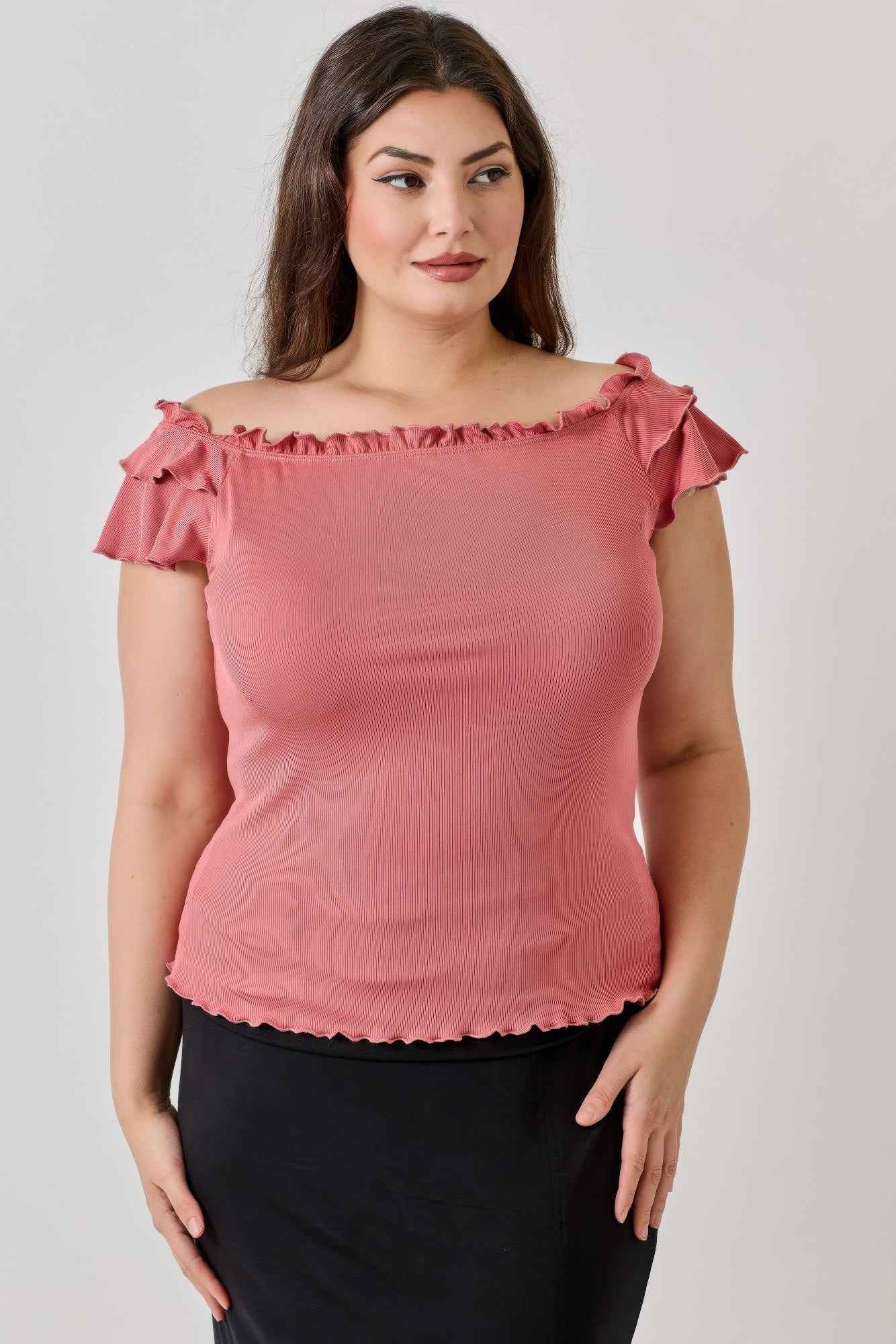 Plus Size Knit Rib Double Ruffle Top - Mr Lou’s Place