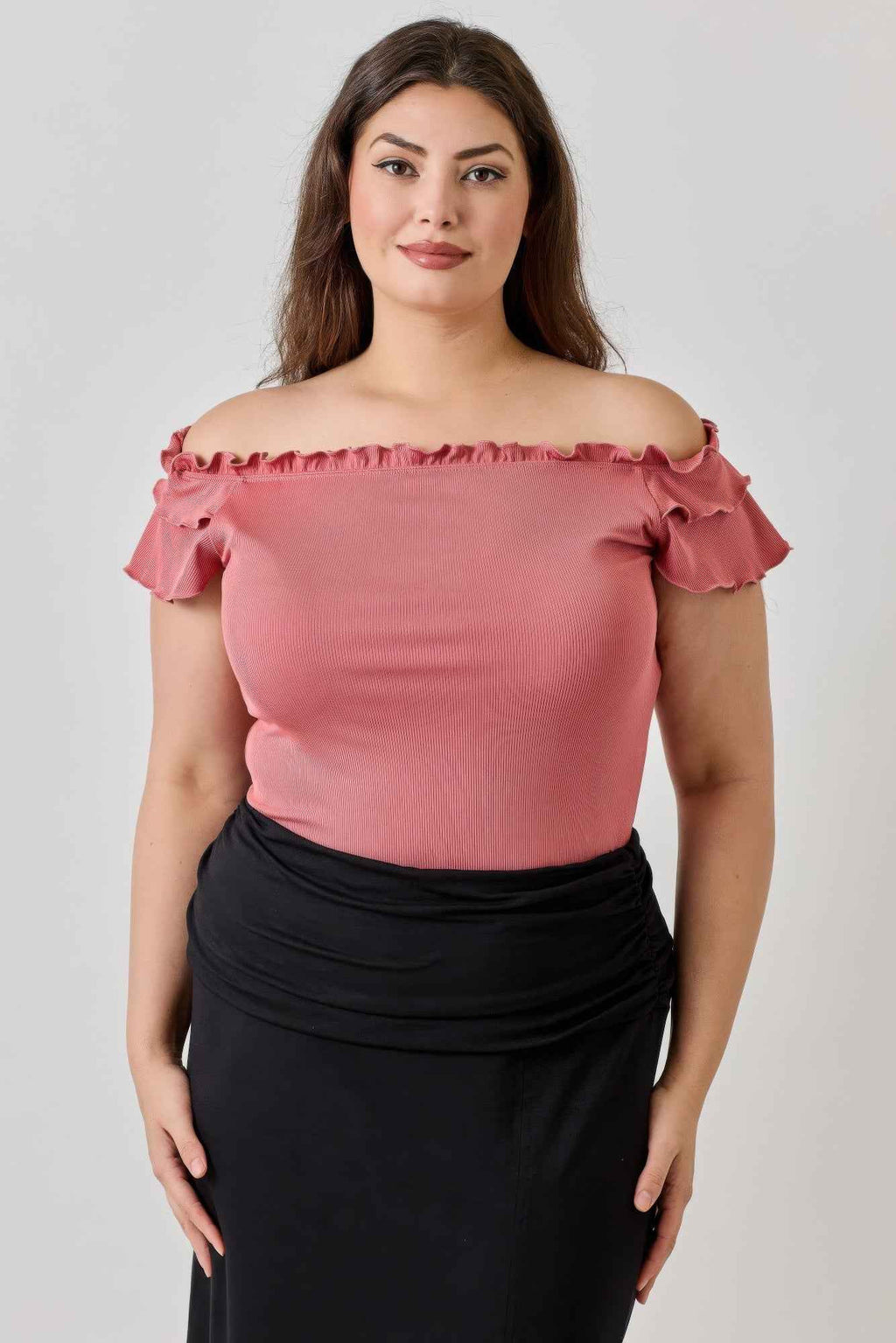 Plus Size Knit Rib Double Ruffle Top - Mr Lou’s Place