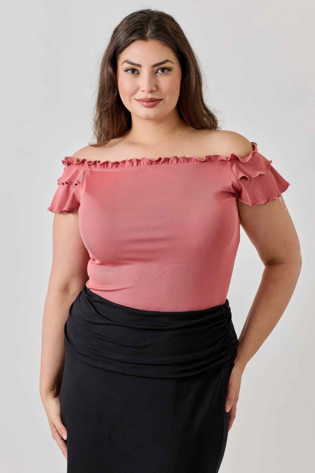 Plus Size Knit Rib Double Ruffle Top - Mr Lou’s Place
