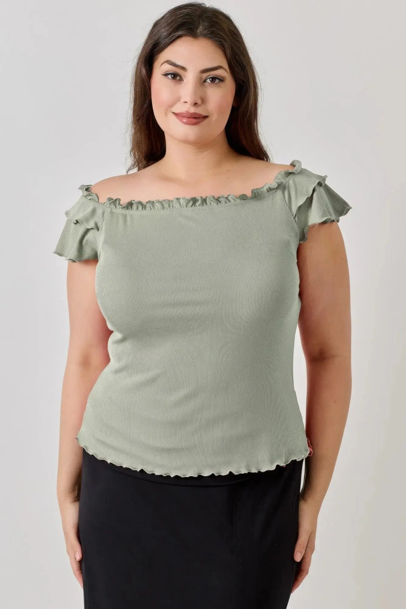 Plus Size Knit Rib Double Ruffle Top - Mr Lou’s Place