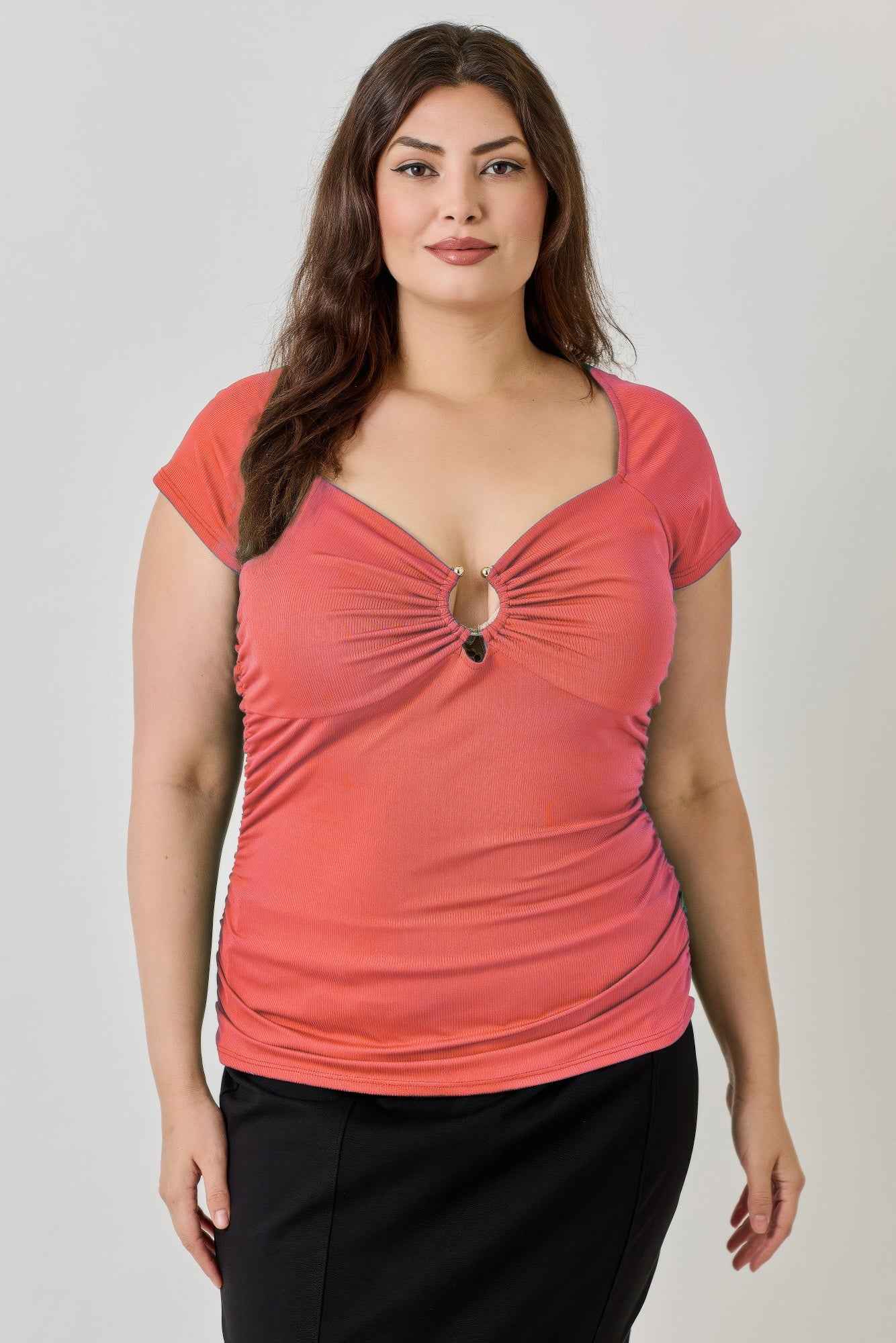 Plus Size Knit Rib Open Circle Trim Top - Mr Lou’s Place