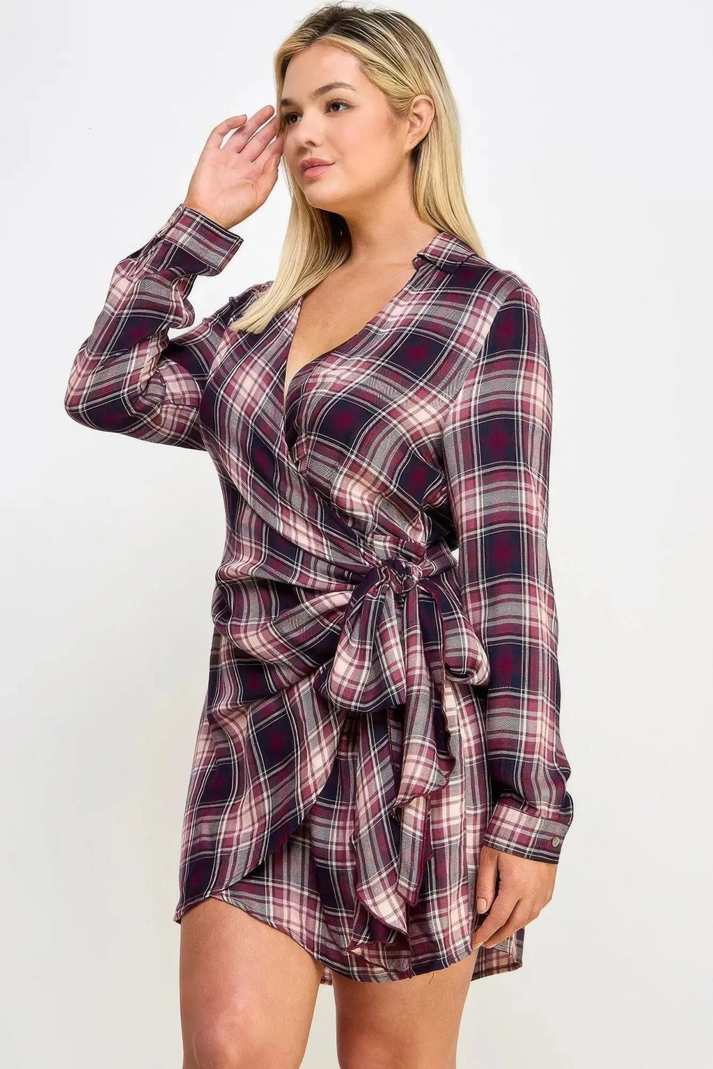 Plus Size Long Sleeve Plaid Side Tie Dress - Mr Lou’s Place
