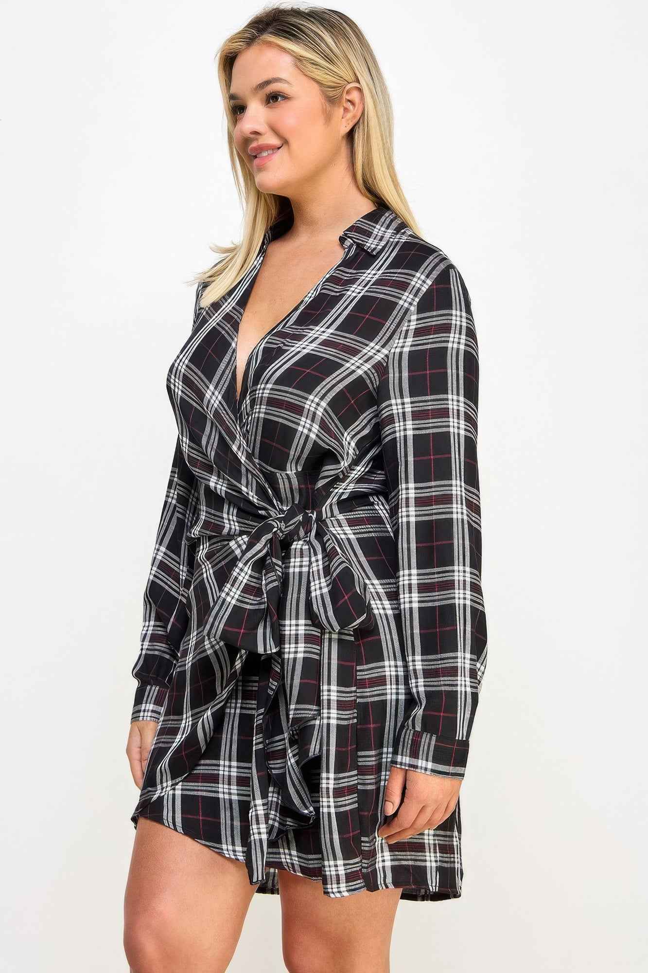 Plus Size Long Sleeve Plaid Side Tie Dress - Mr Lou’s Place