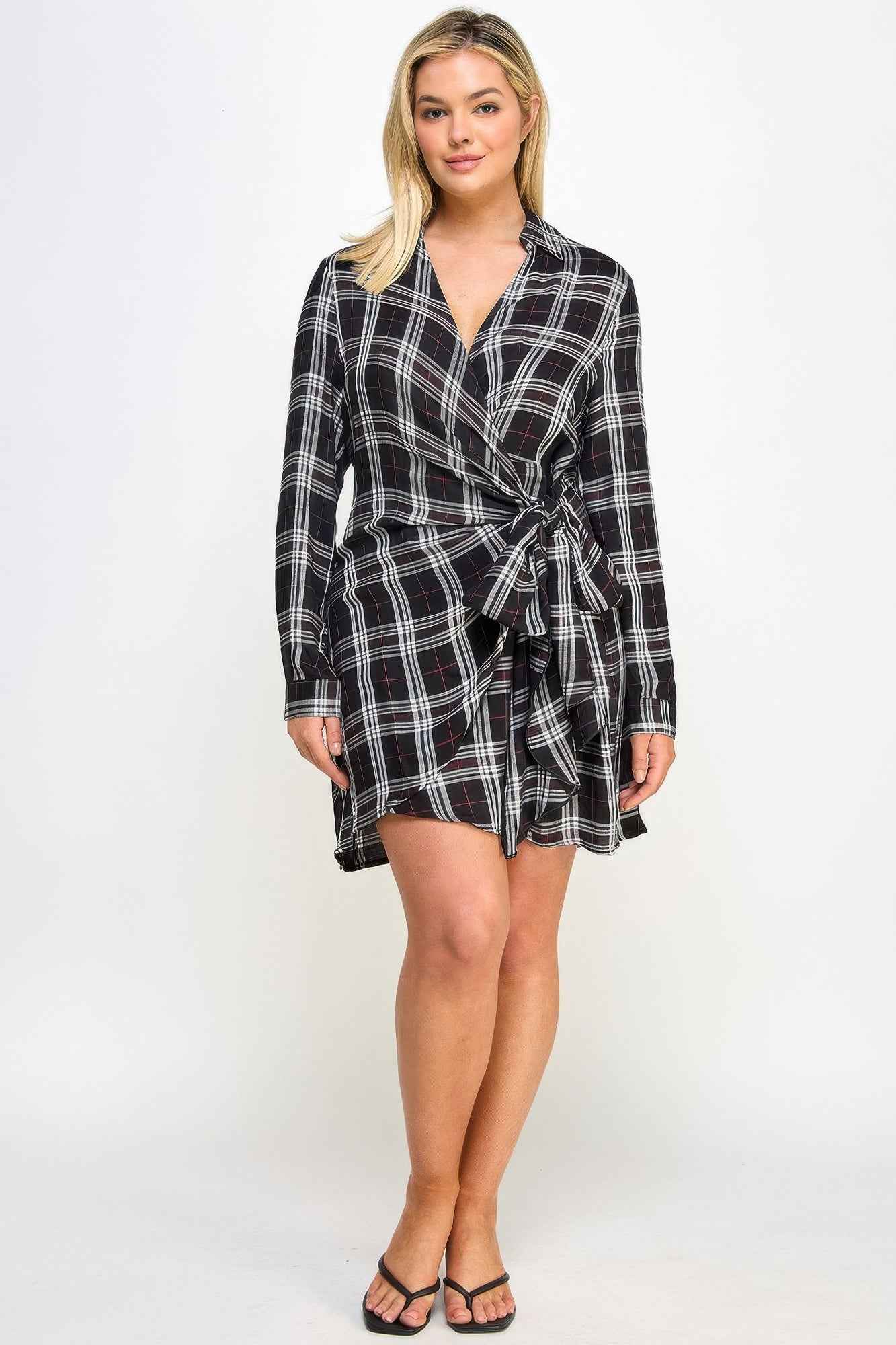 Plus Size Long Sleeve Plaid Side Tie Dress - Mr Lou’s Place