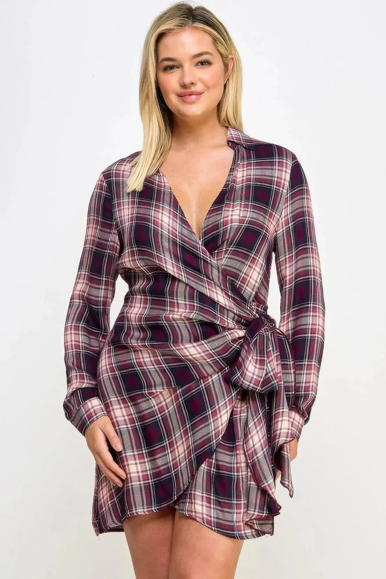 Plus Size Long Sleeve Plaid Side Tie Dress - Mr Lou’s Place