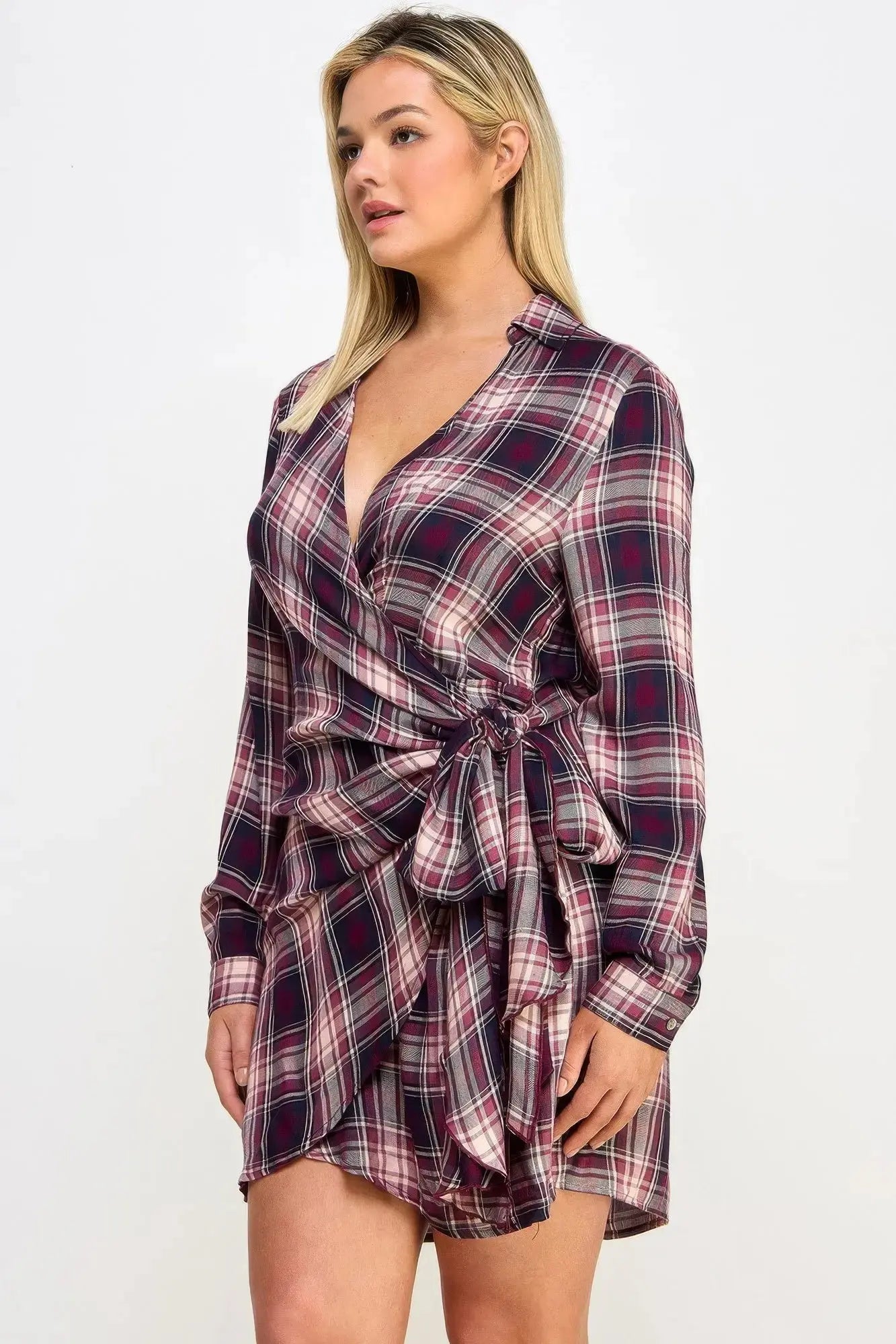 Plus Size Long Sleeve Plaid Side Tie Dress - Mr Lou’s Place