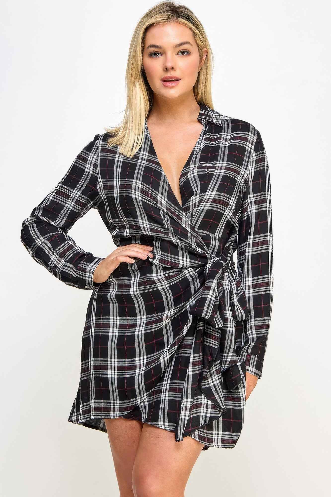 Plus Size Long Sleeve Plaid Side Tie Dress - Mr Lou’s Place