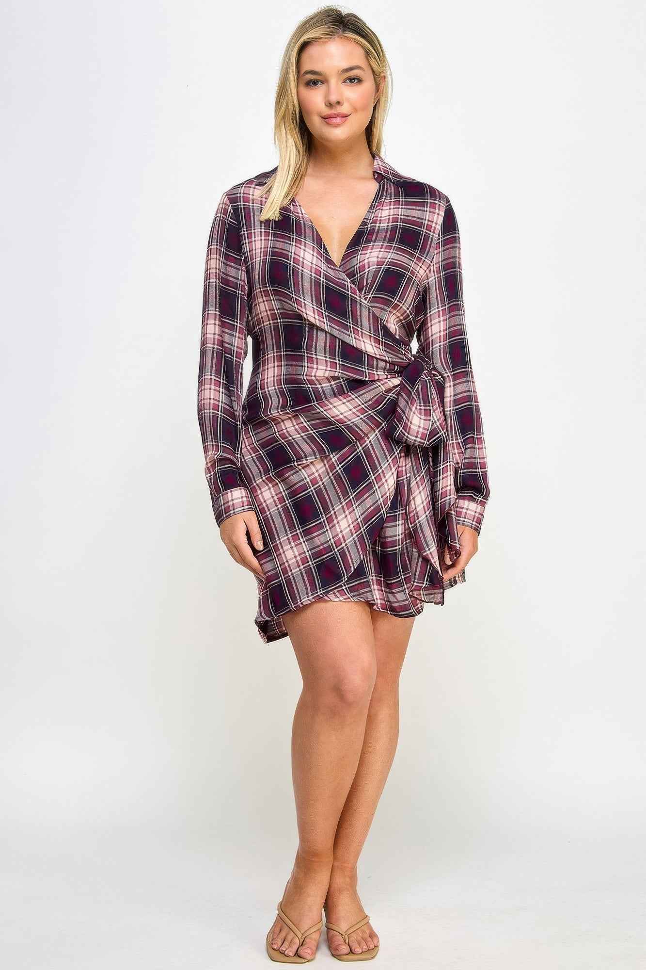 Plus Size Long Sleeve Plaid Side Tie Dress - Mr Lou’s Place