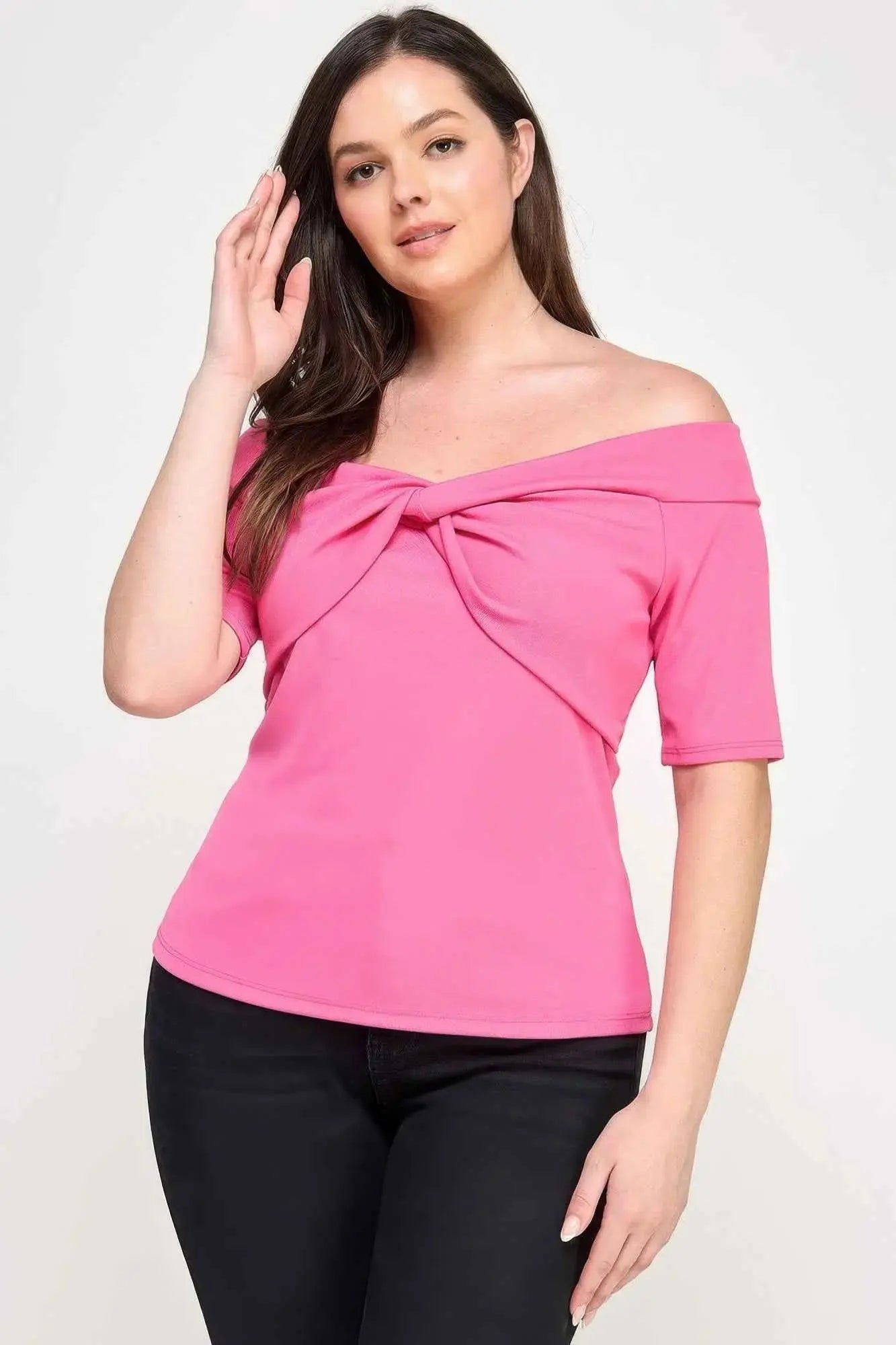 Plus Size Off The Shoulder Knit Rib Twist Knot Top - Mr Lou’s Place