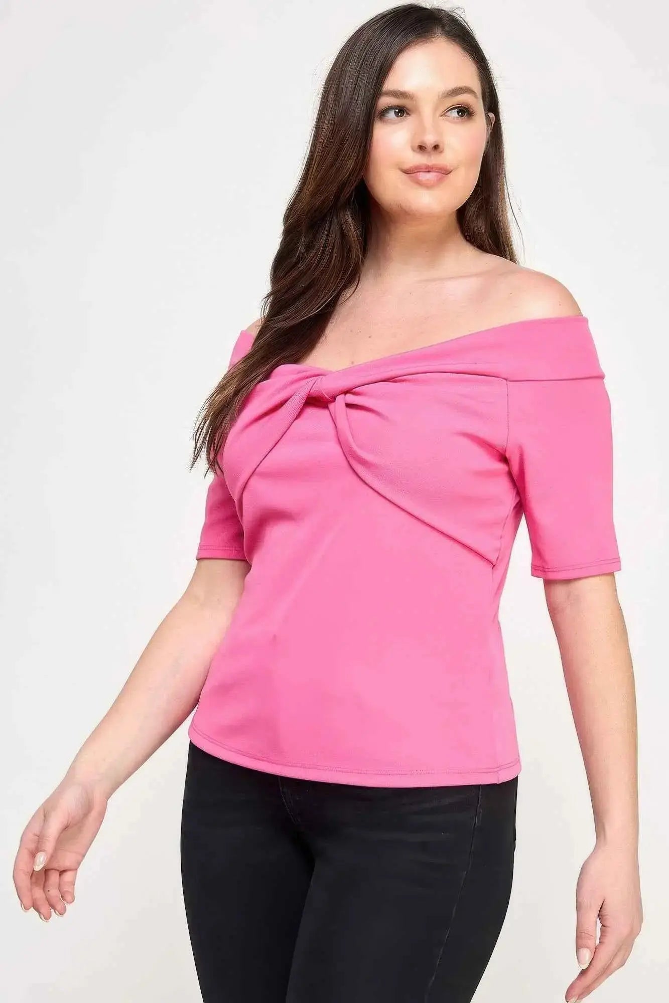 Plus Size Off The Shoulder Knit Rib Twist Knot Top - Mr Lou’s Place