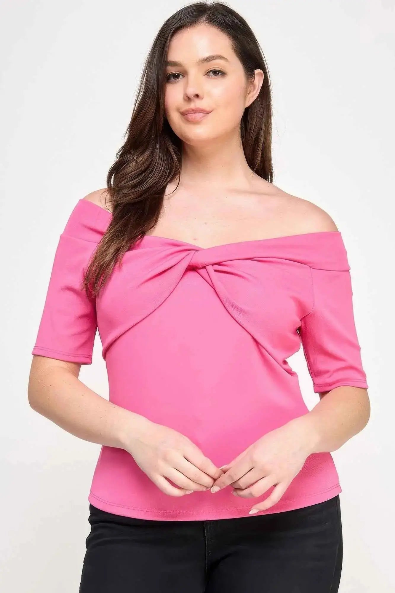 Plus Size Off The Shoulder Knit Rib Twist Knot Top - Mr Lou’s Place