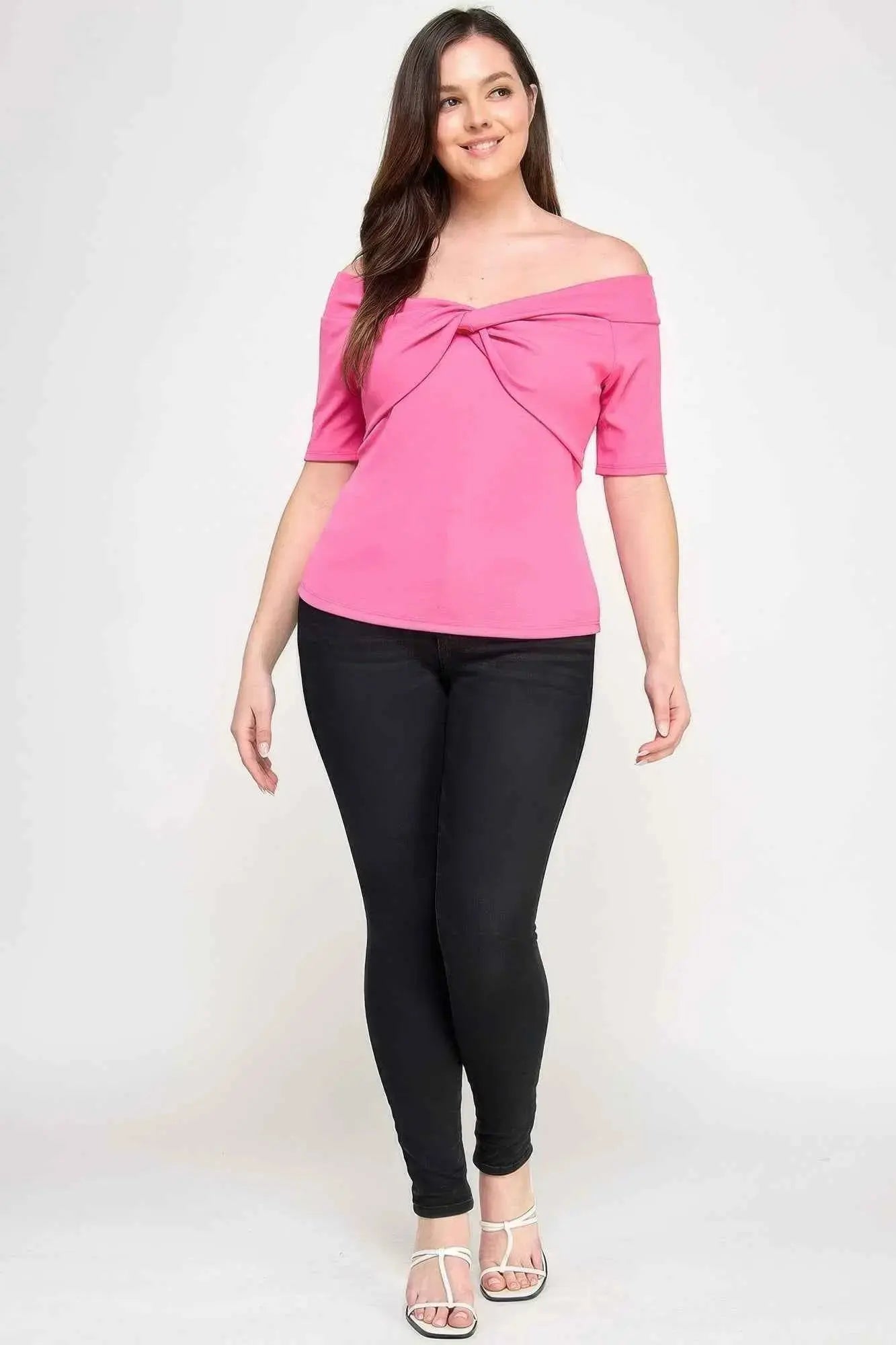 Plus Size Off The Shoulder Knit Rib Twist Knot Top - Mr Lou’s Place