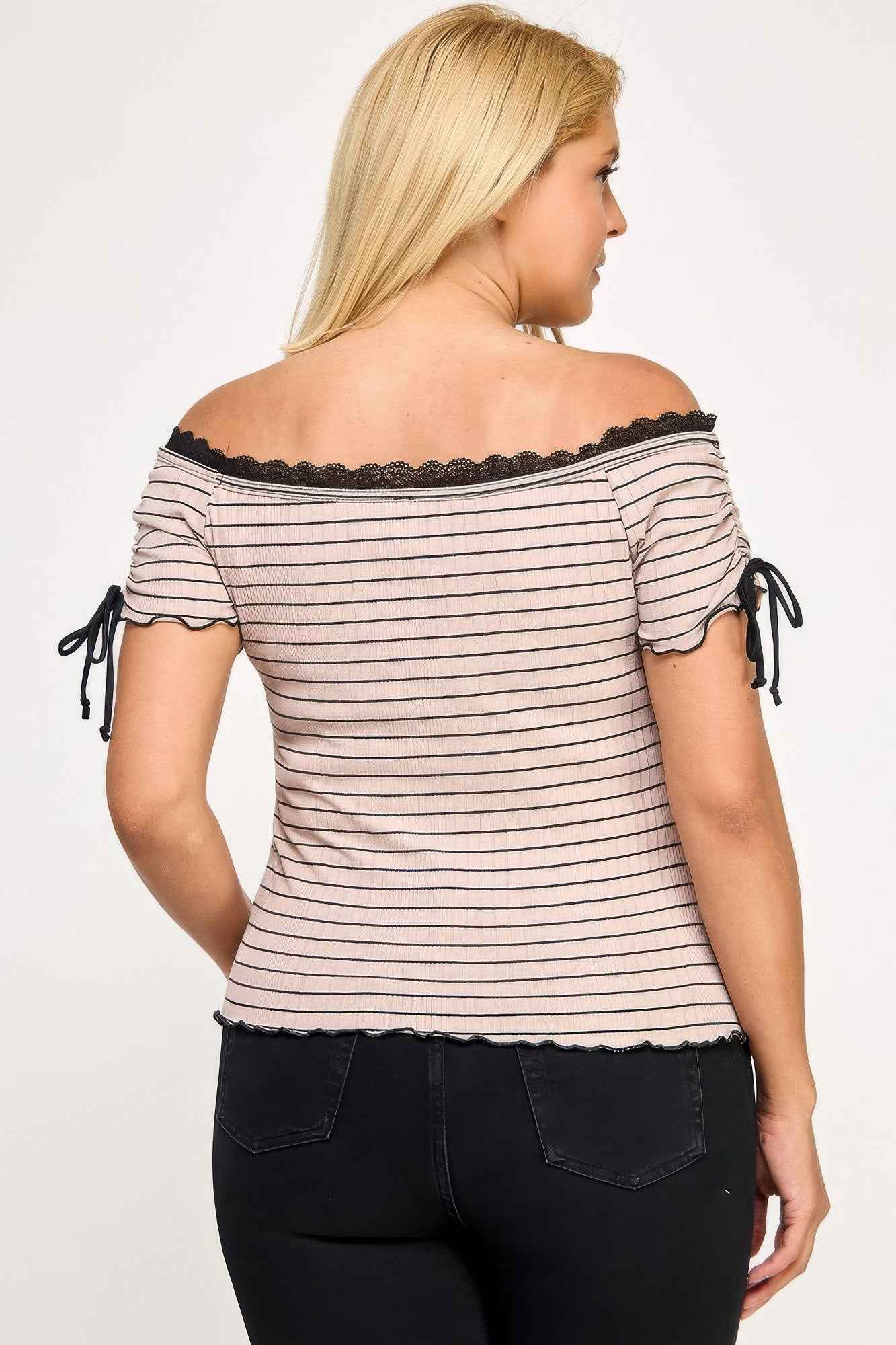 Plus Size Ots Knit Rib Striped Lace Edge Top - Mr Lou’s Place