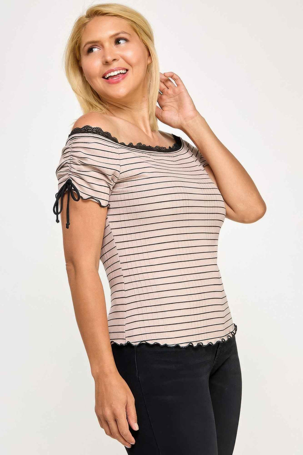 Plus Size Ots Knit Rib Striped Lace Edge Top - Mr Lou’s Place