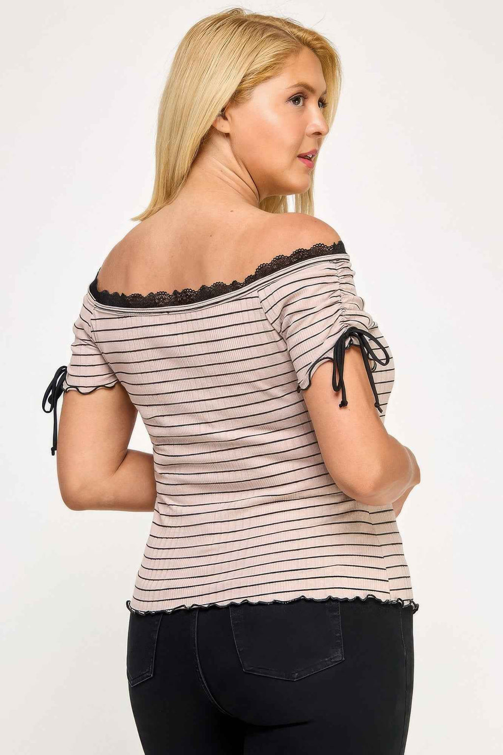 Plus Size Ots Knit Rib Striped Lace Edge Top - Mr Lou’s Place