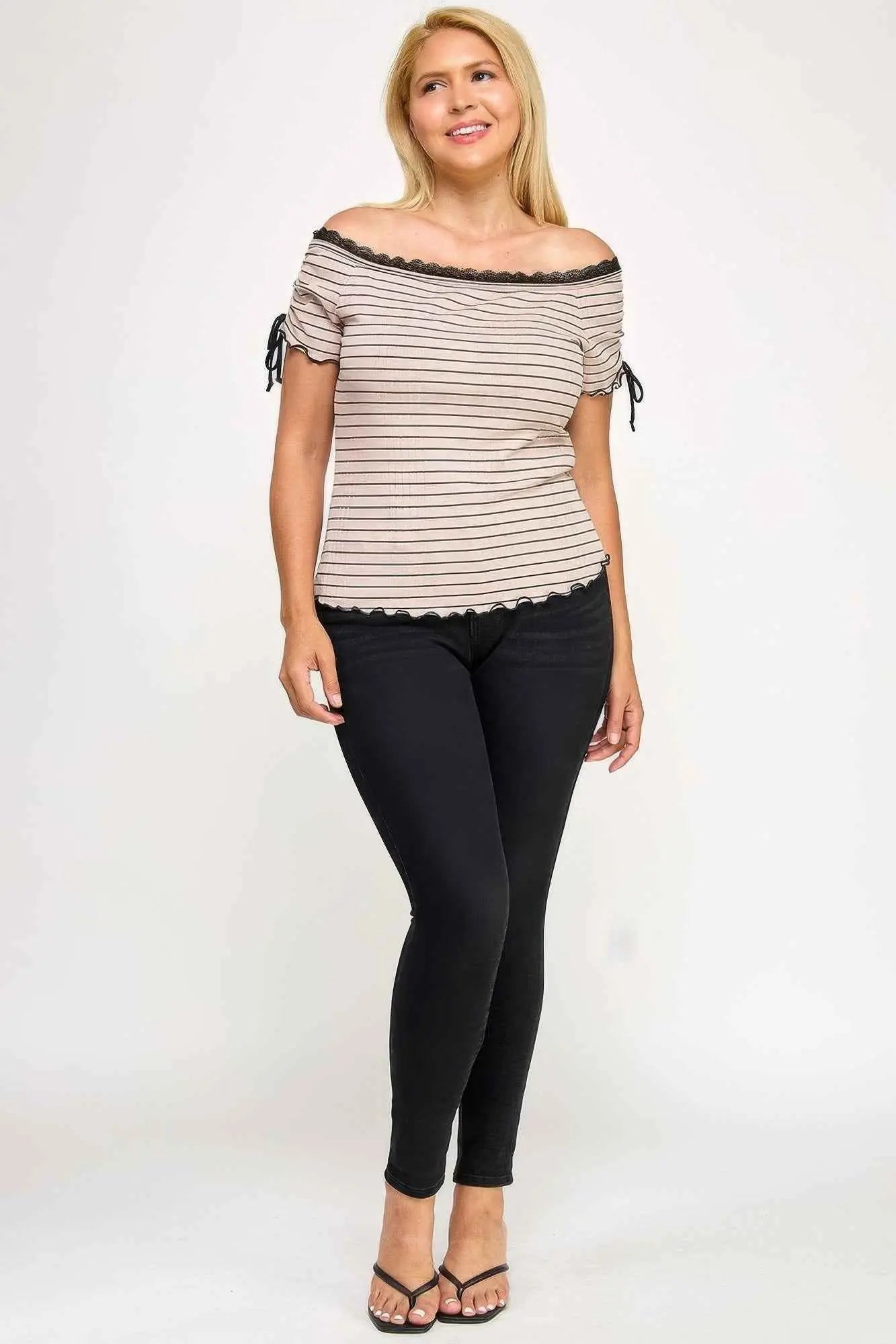 Plus Size Ots Knit Rib Striped Lace Edge Top - Mr Lou’s Place