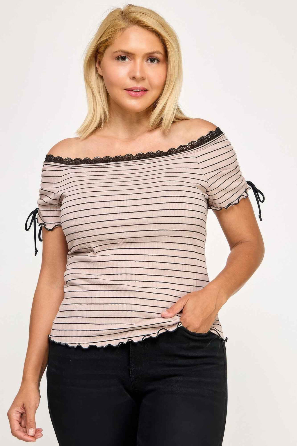 Plus Size Ots Knit Rib Striped Lace Edge Top - Mr Lou’s Place