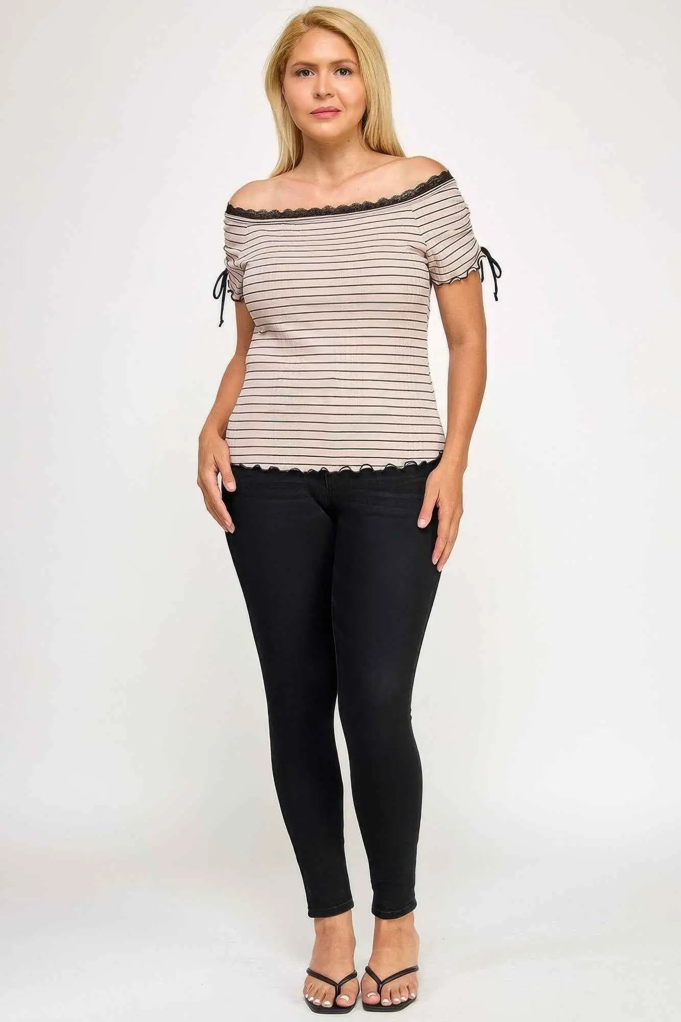 Plus Size Ots Knit Rib Striped Lace Edge Top - Mr Lou’s Place