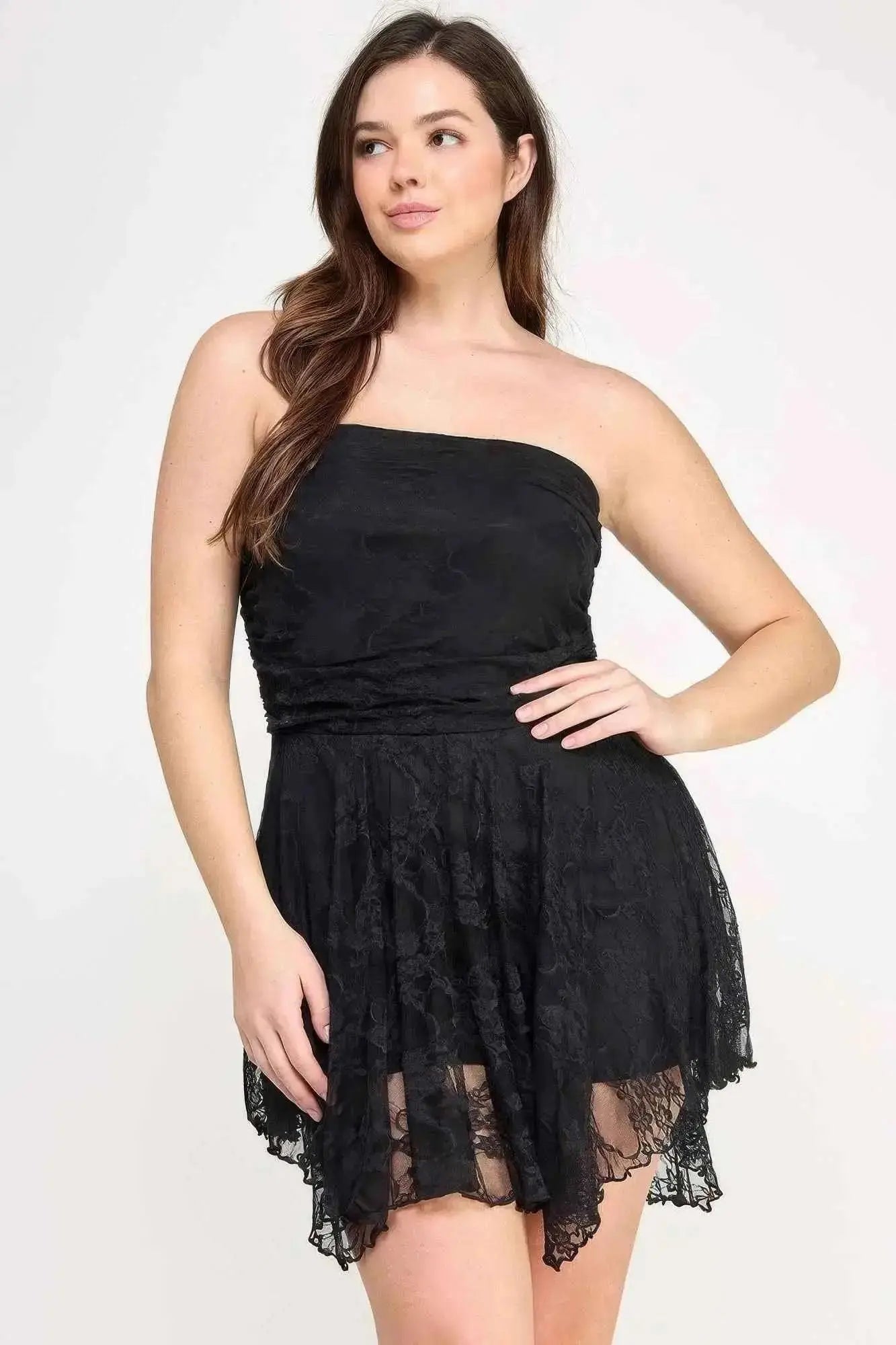 Plus Size Ots Lace Overlay Assym Dress - Mr Lou’s Place