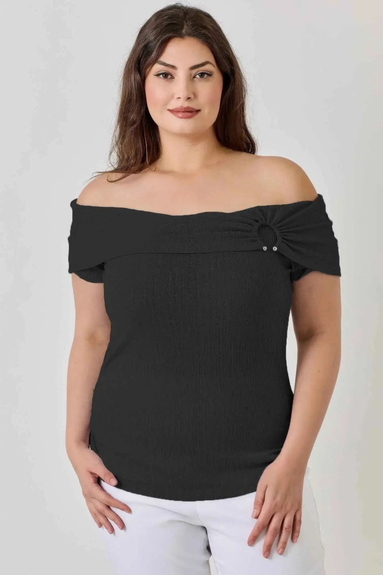 Plus Size Ots Pointelle Knit Rib Fold Over Top - Mr Lou’s Place