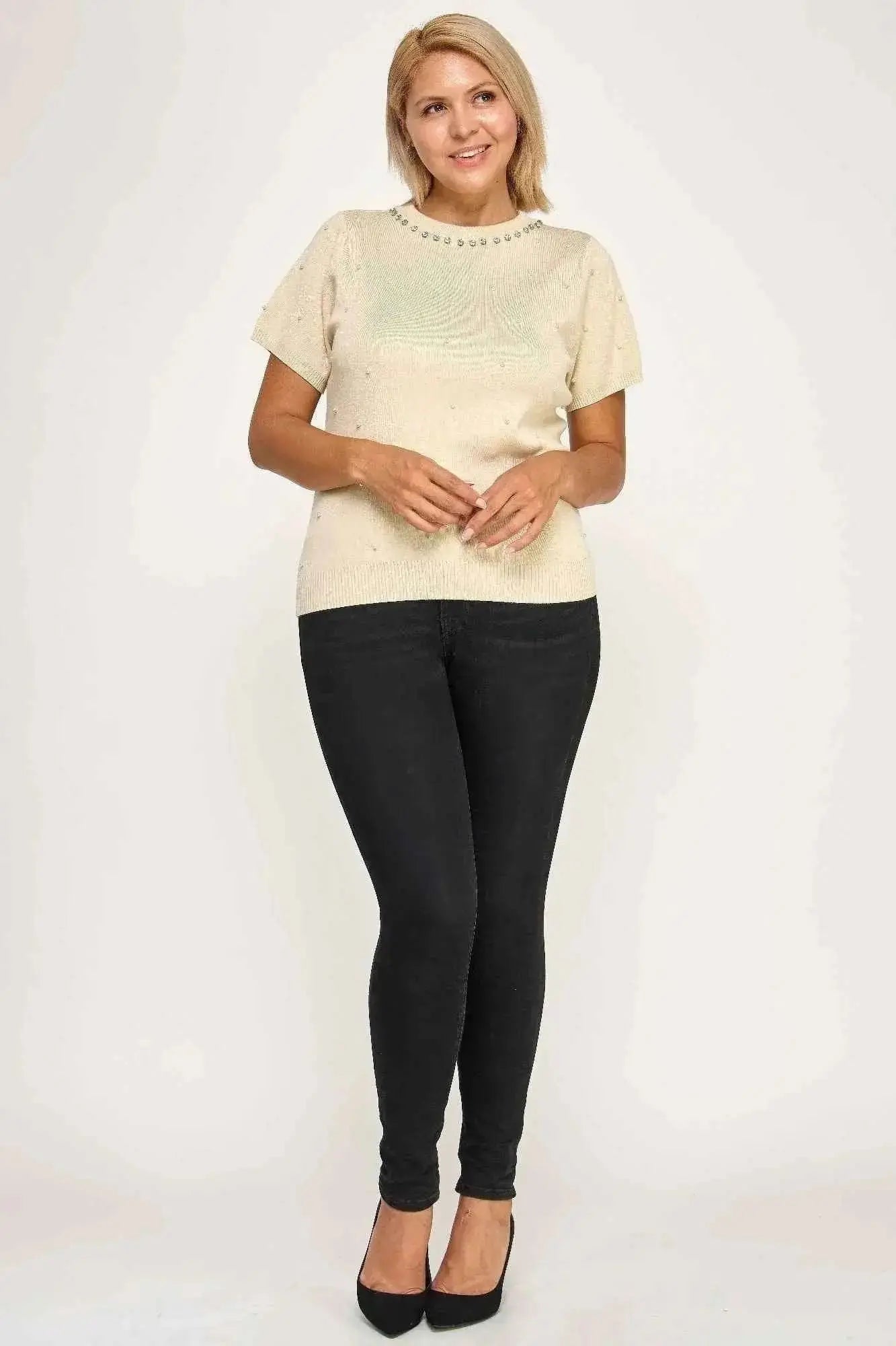 Plus Size Pearl & Rhinestone Knit Sweater Top - Mr Lou’s Place