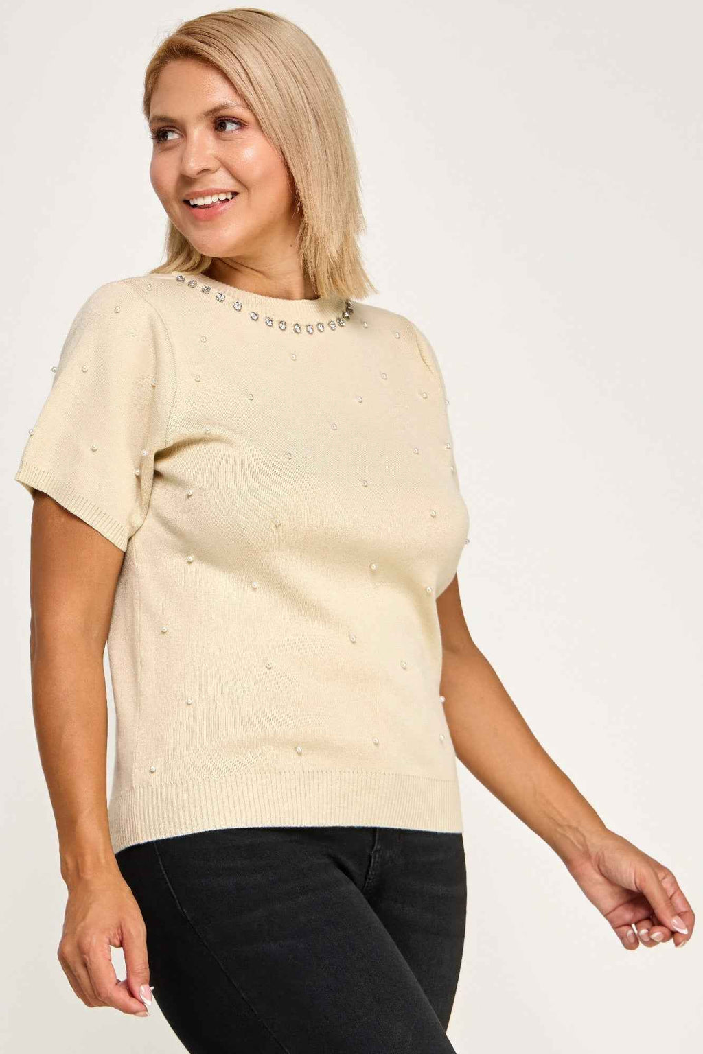 Plus Size Pearl & Rhinestone Knit Sweater Top - Mr Lou’s Place