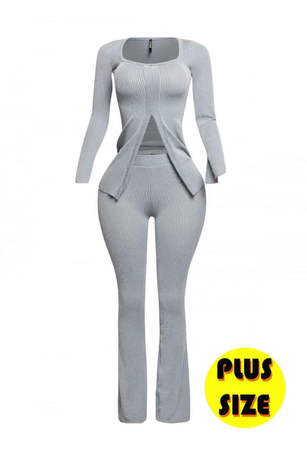 Plus Size Ribbed Pant Set With Slit Detail - Mr Lou’s Place