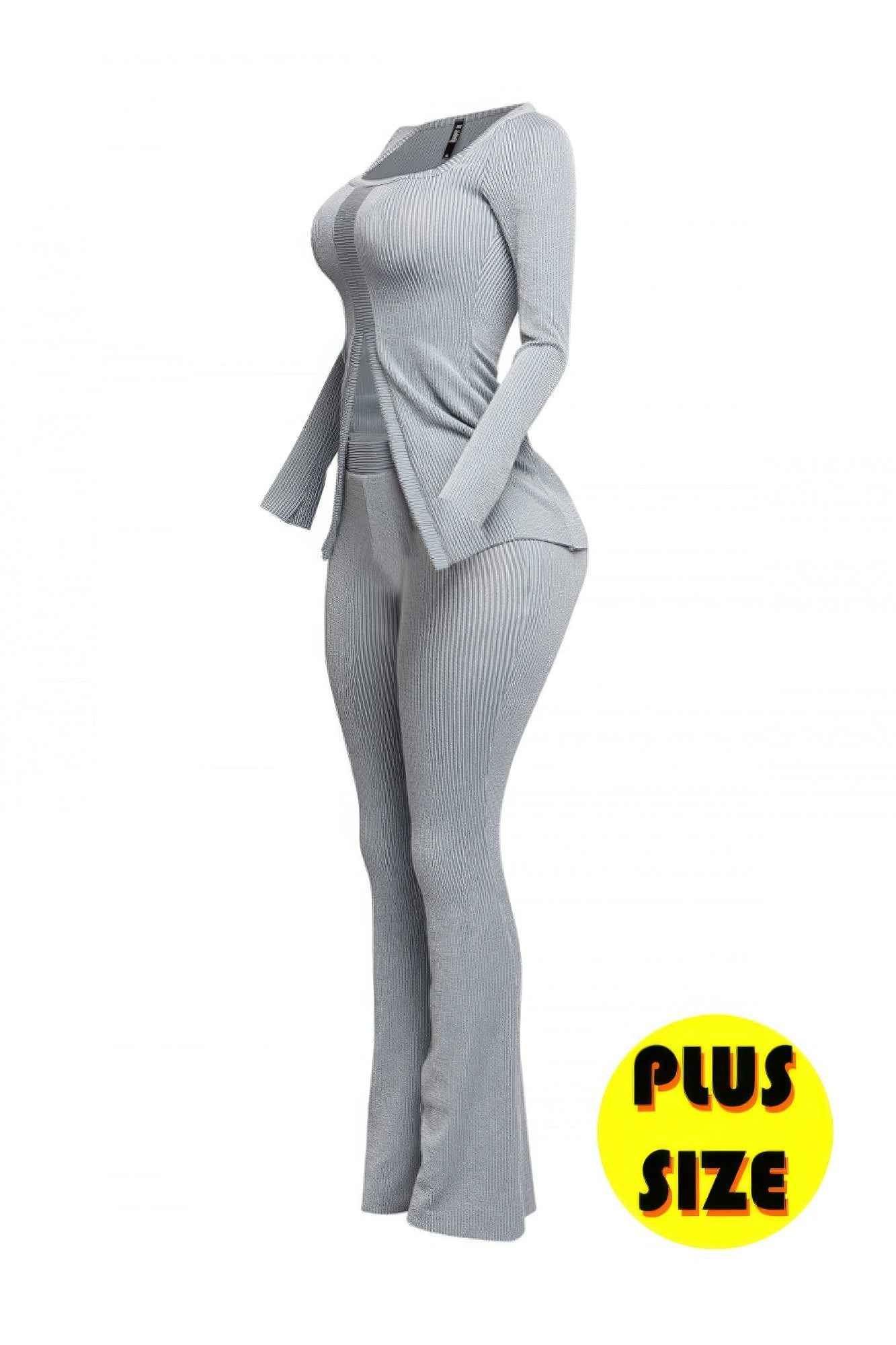 Plus Size Ribbed Pant Set With Slit Detail - Mr Lou’s Place