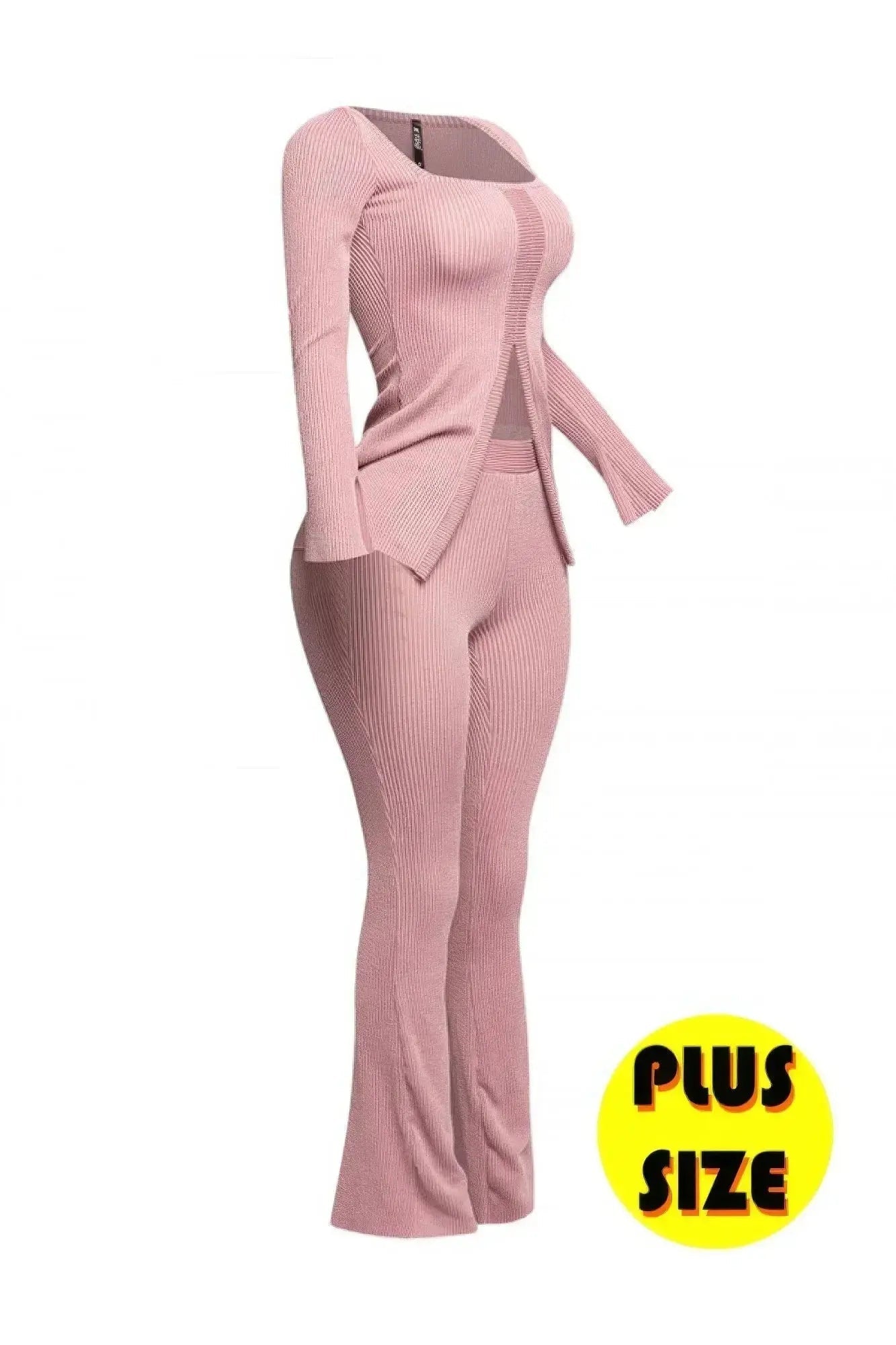 Plus Size Ribbed Pant Set With Slit Detail - Mr Lou’s Place