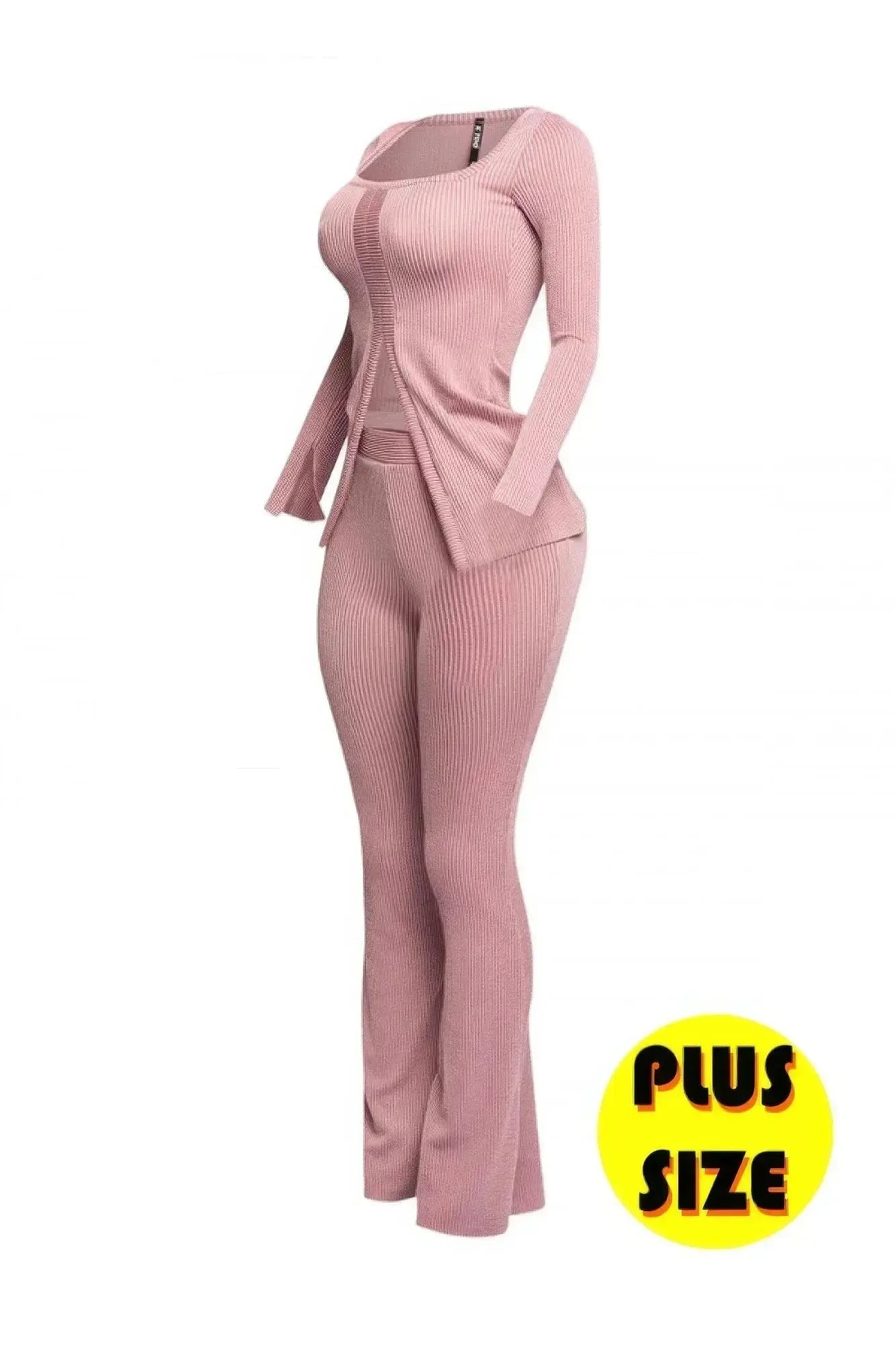 Plus Size Ribbed Pant Set With Slit Detail - Mr Lou’s Place
