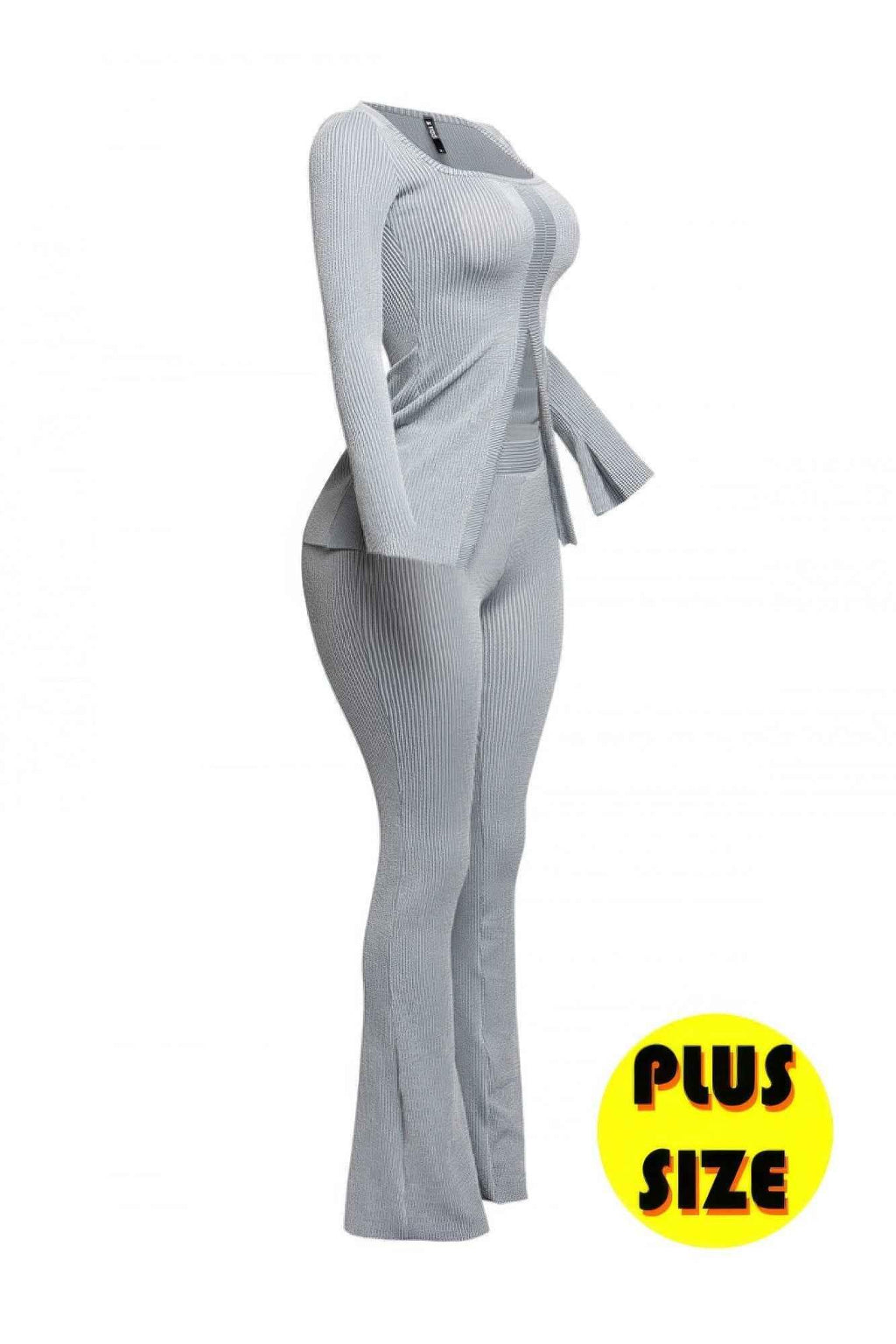 Plus Size Ribbed Pant Set With Slit Detail - Mr Lou’s Place