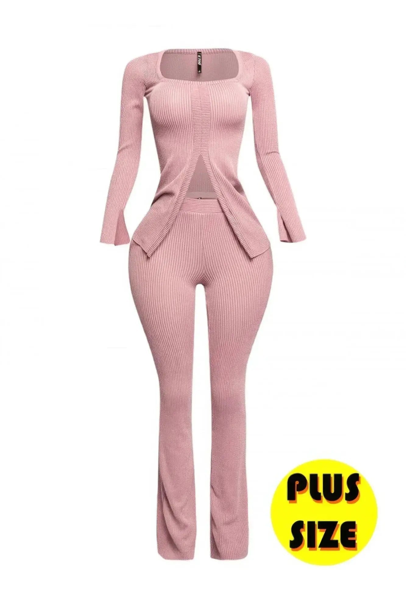 Plus Size Ribbed Pant Set With Slit Detail - Mr Lou’s Place