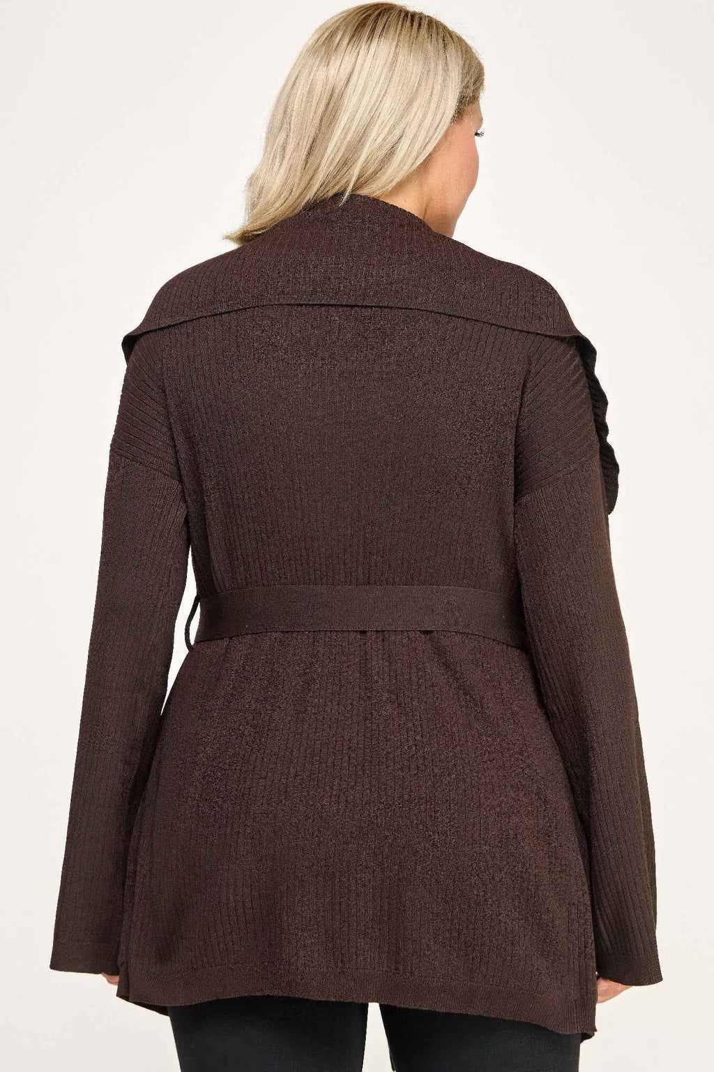 Plus Size Ribbed Wrap Cardigan With Waist Belt - Mr Lou’s Place