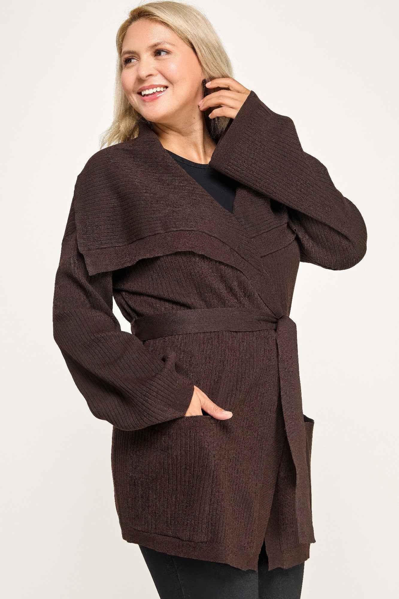 Plus Size Ribbed Wrap Cardigan With Waist Belt - Mr Lou’s Place