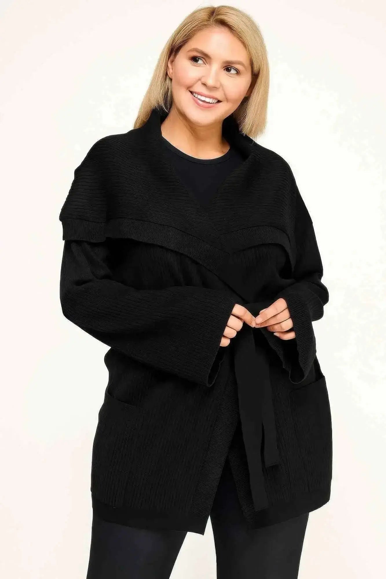Plus Size Ribbed Wrap Cardigan With Waist Belt - Mr Lou’s Place