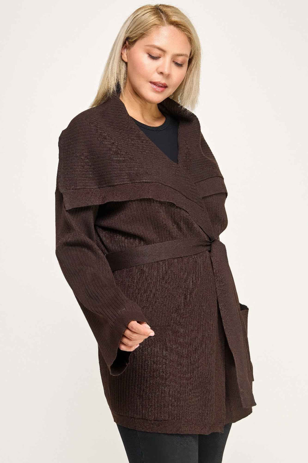 Plus Size Ribbed Wrap Cardigan With Waist Belt - Mr Lou’s Place