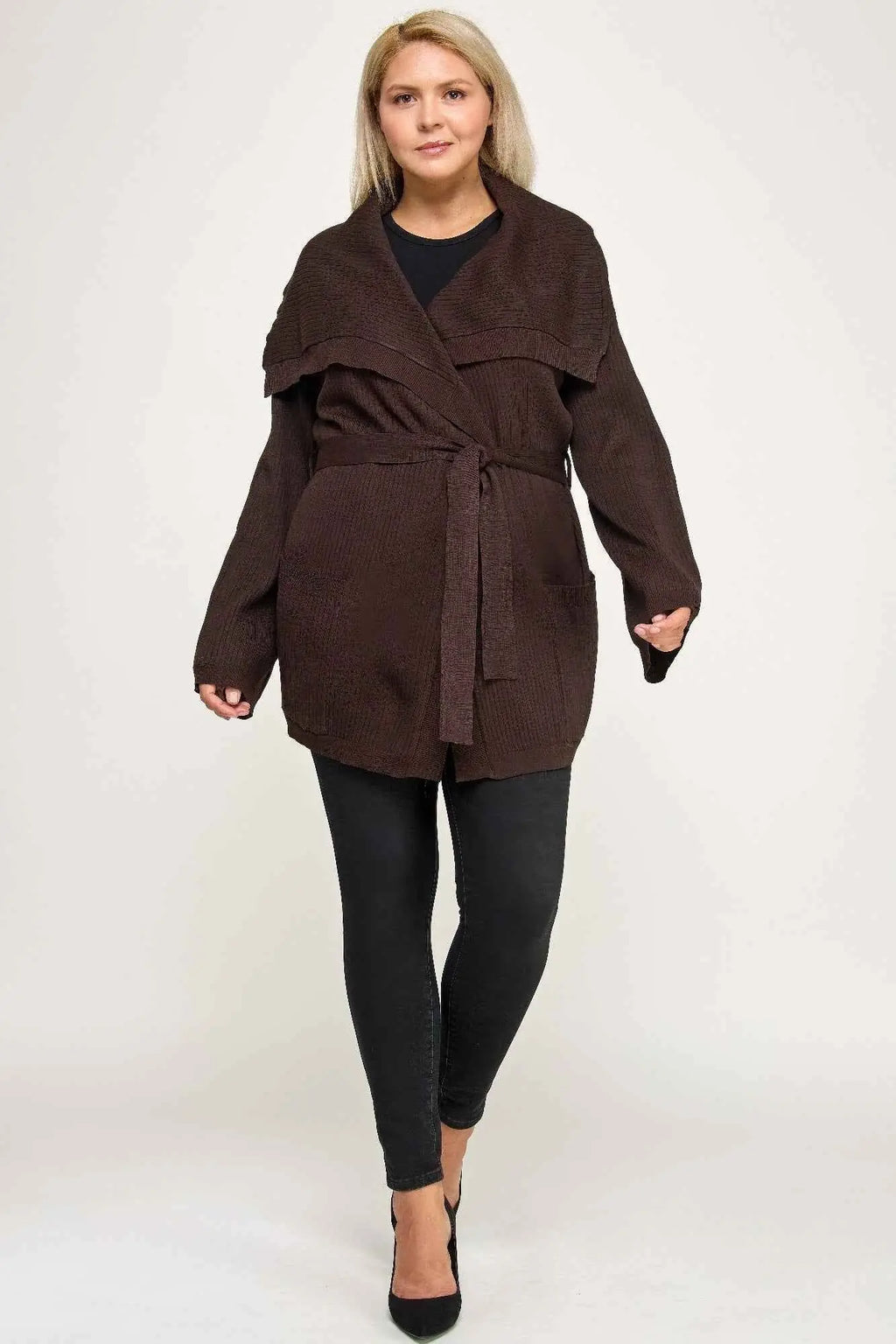 Plus Size Ribbed Wrap Cardigan With Waist Belt - Mr Lou’s Place