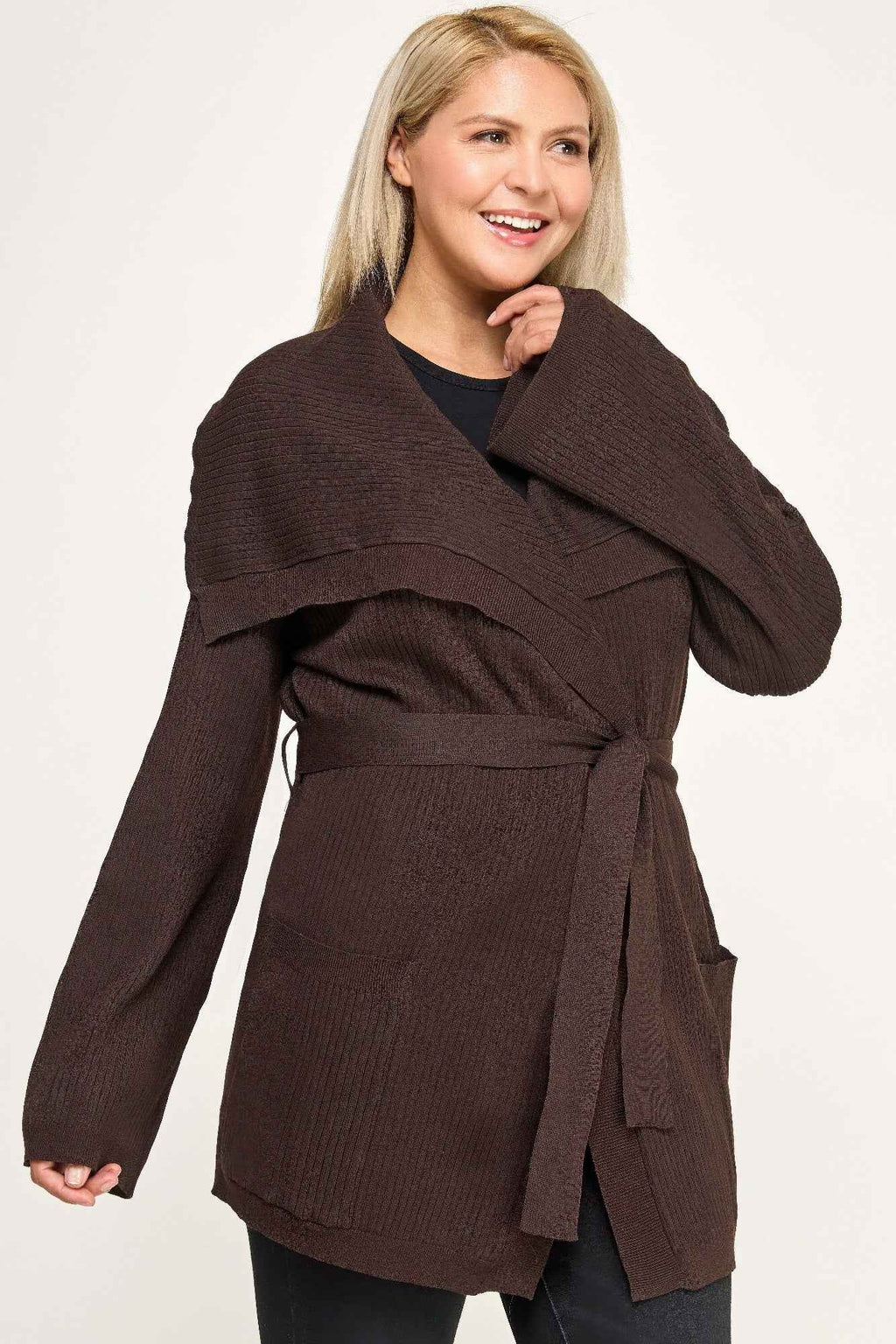 Plus Size Ribbed Wrap Cardigan With Waist Belt - Mr Lou’s Place