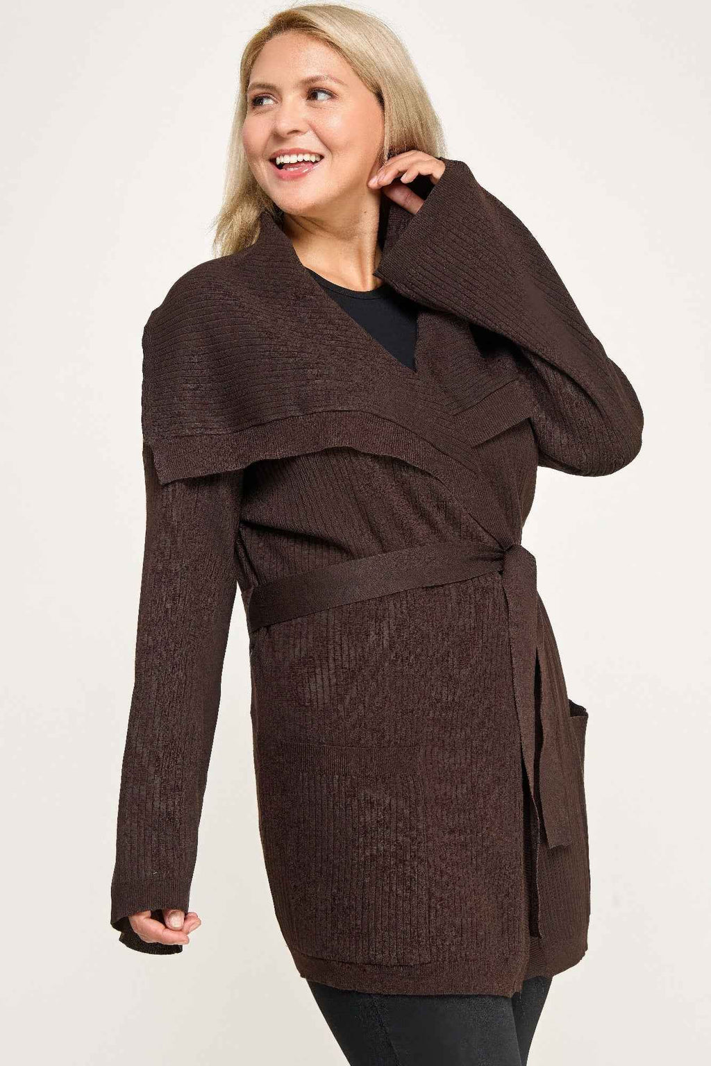 Plus Size Ribbed Wrap Cardigan With Waist Belt - Mr Lou’s Place