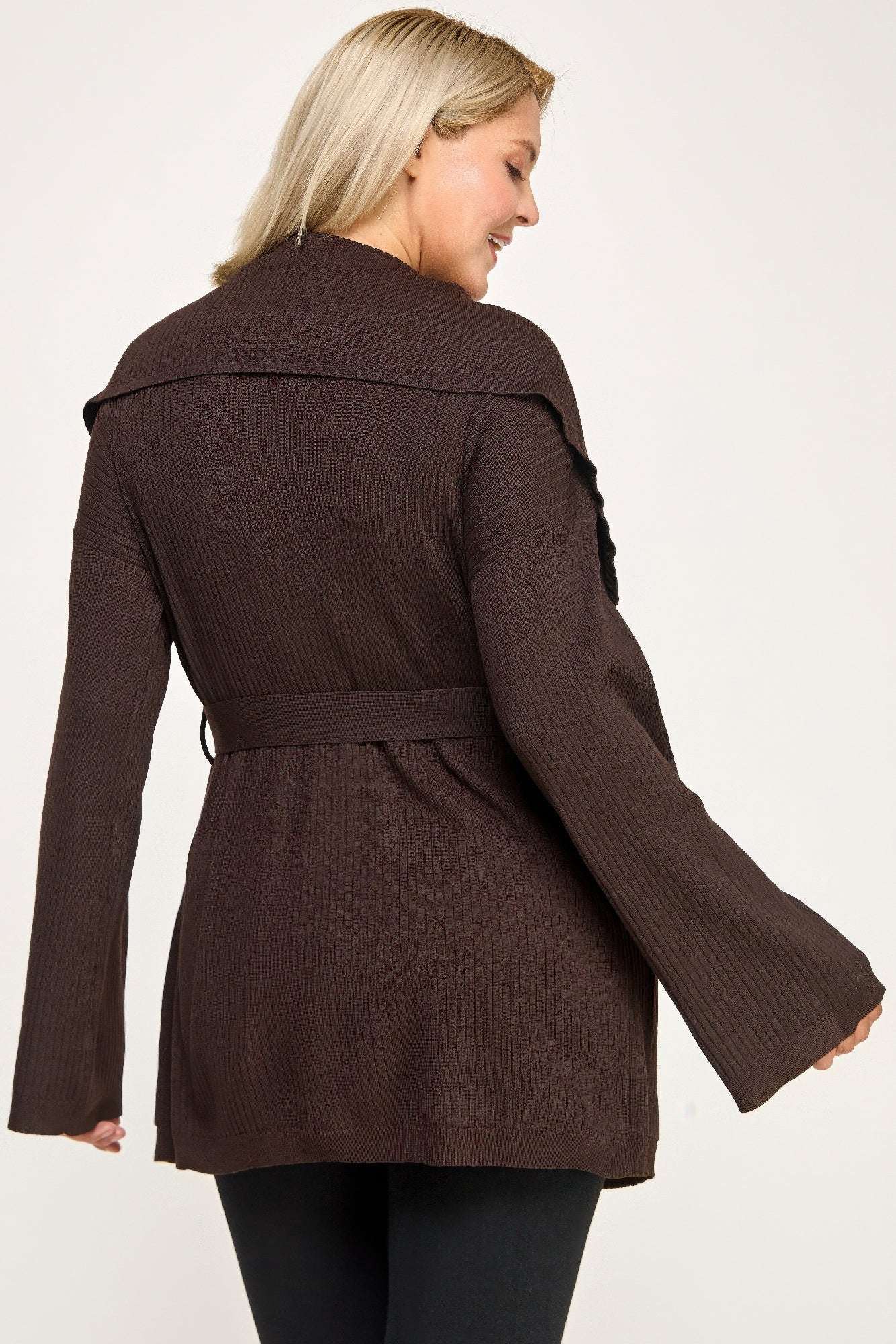 Plus Size Ribbed Wrap Cardigan With Waist Belt - Mr Lou’s Place